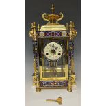Horology Interest - a 'brass' and cloisonne mantel clock, the 10cm dial with Roman numerals, twin