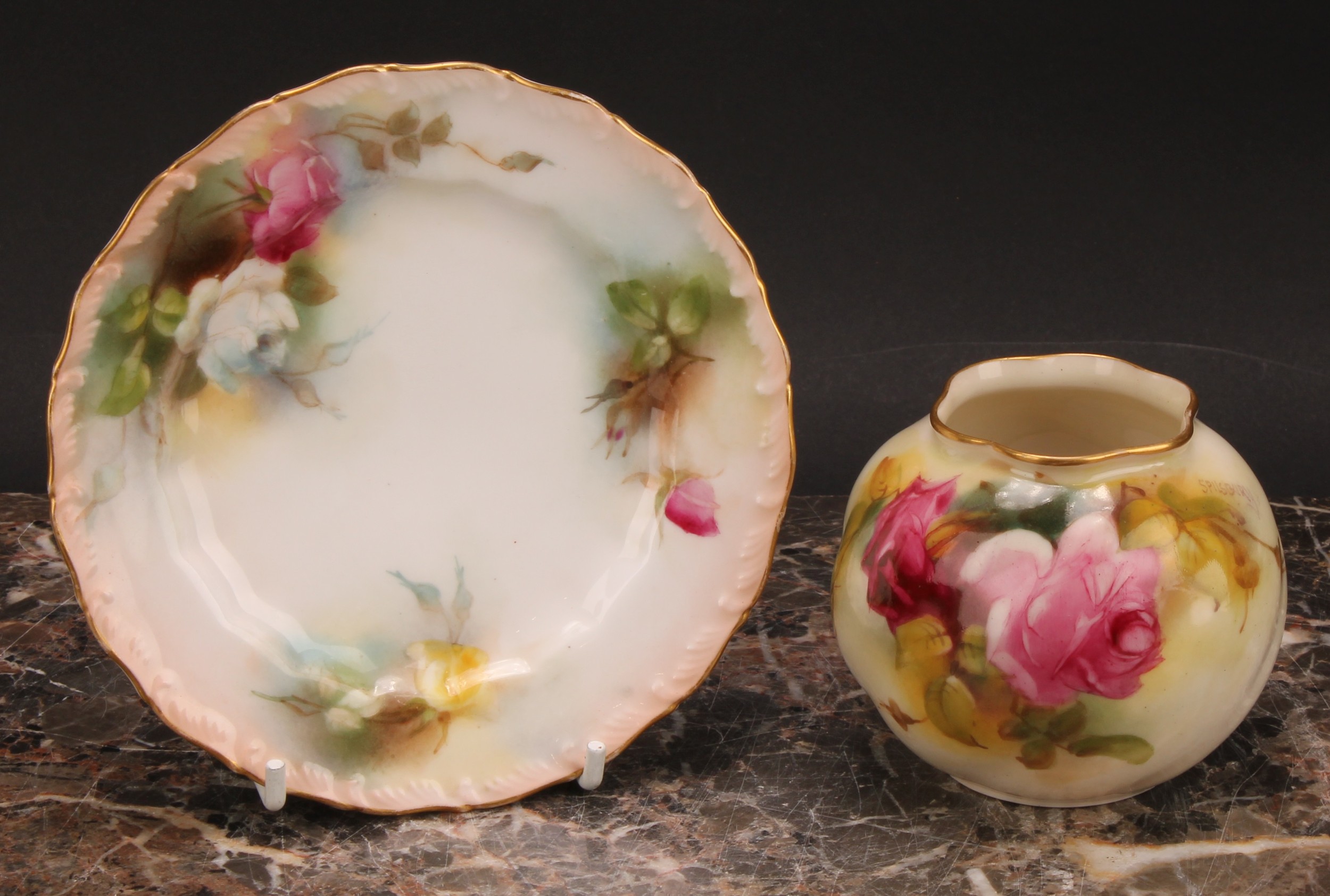 A Royal Worcester globular vase, painted by E. Spilsbury, signed, with Hadley style roses, 7cm high, - Image 2 of 9