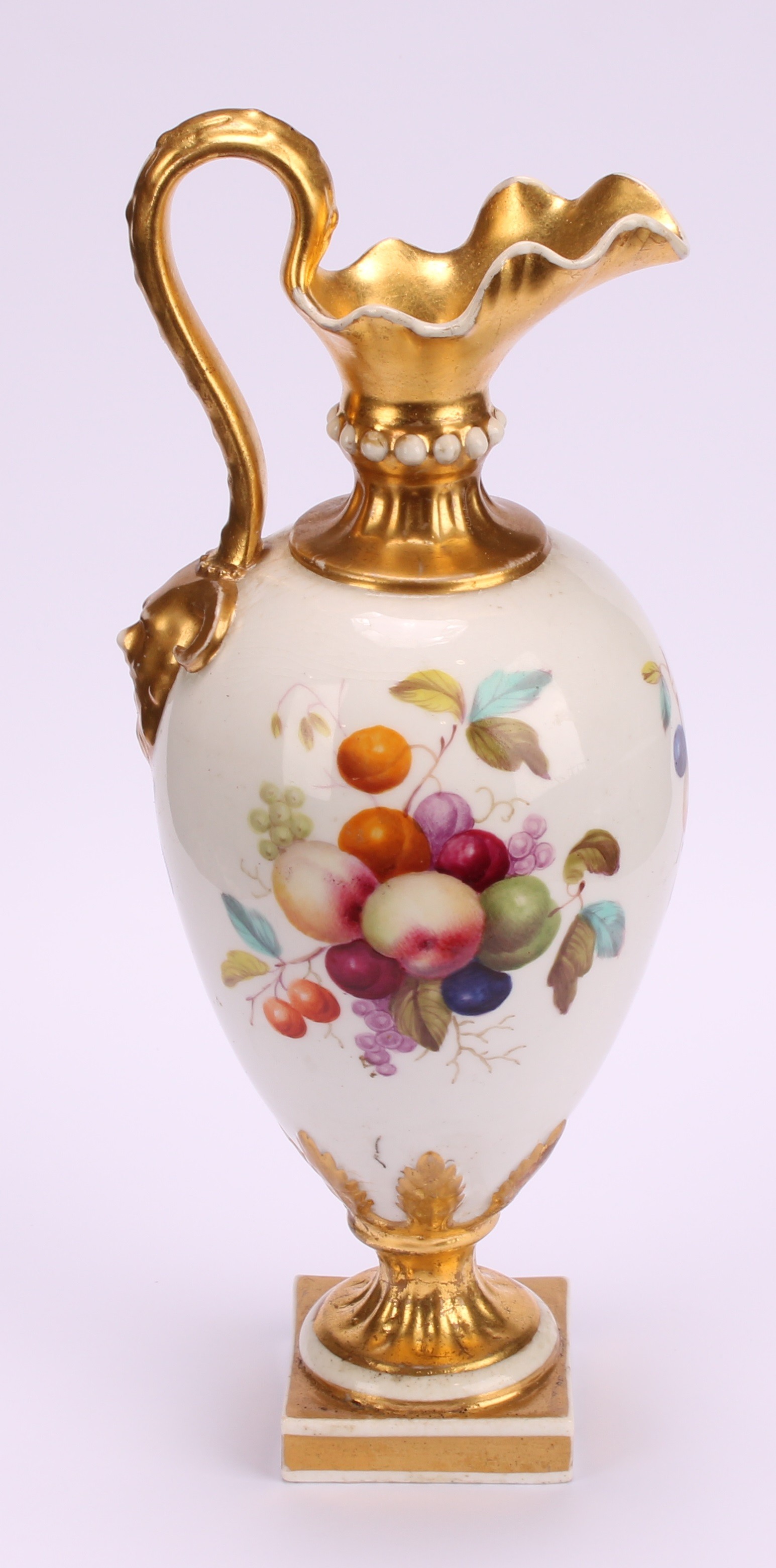 A Bloor Derby pedestal ewer, painted by Thomas Steele, with ripening fruit, gilt neck, handle and - Image 4 of 6