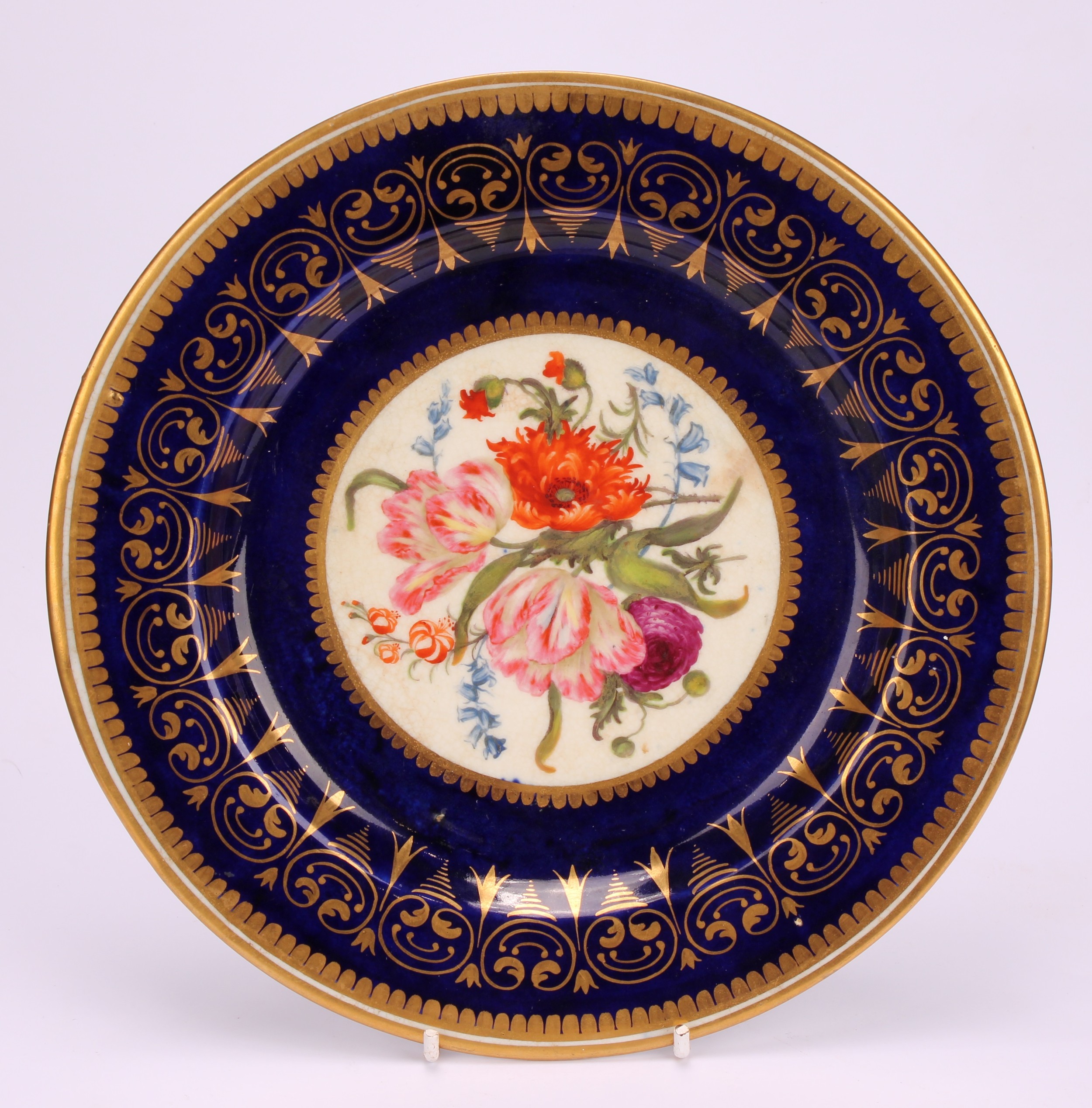 A pair of Worcester Barr Flight and Barr circular plates, painted with red flowers between scrolling - Image 2 of 7