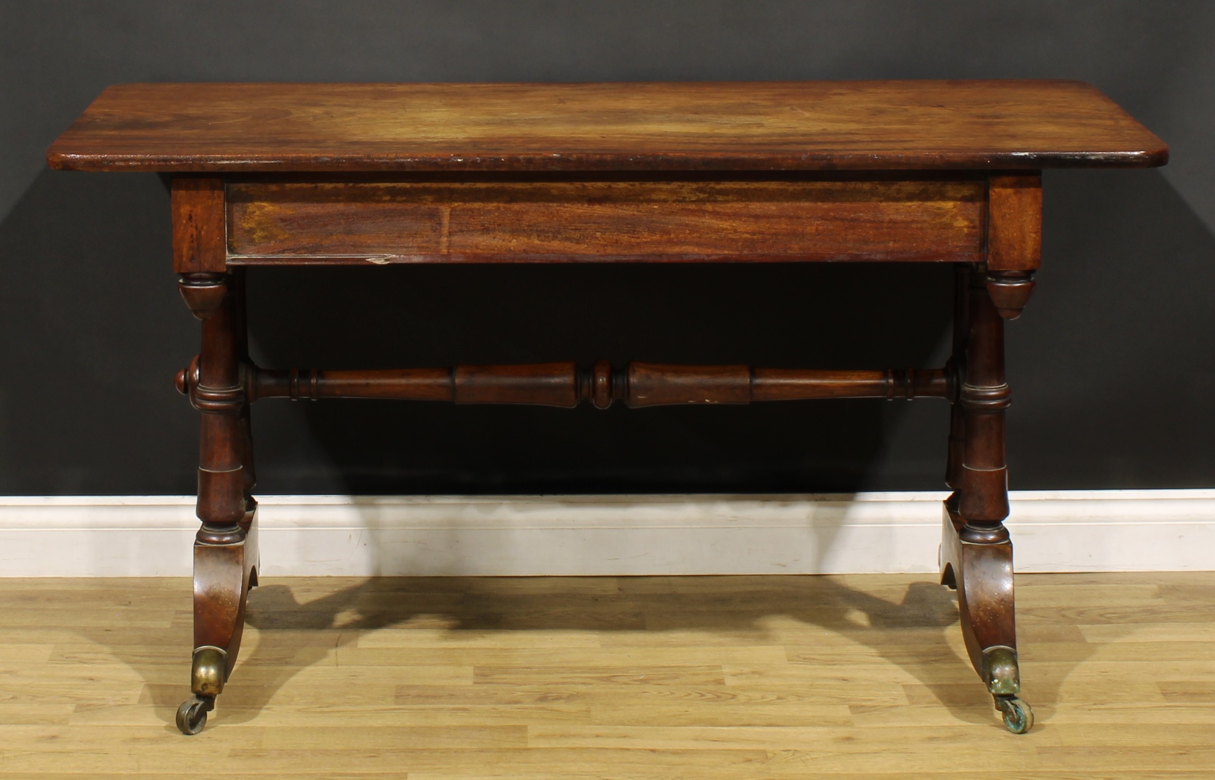 A Post-Regency mahogany library table, rounded rectangular top above a pair of frieze drawers, - Image 6 of 6