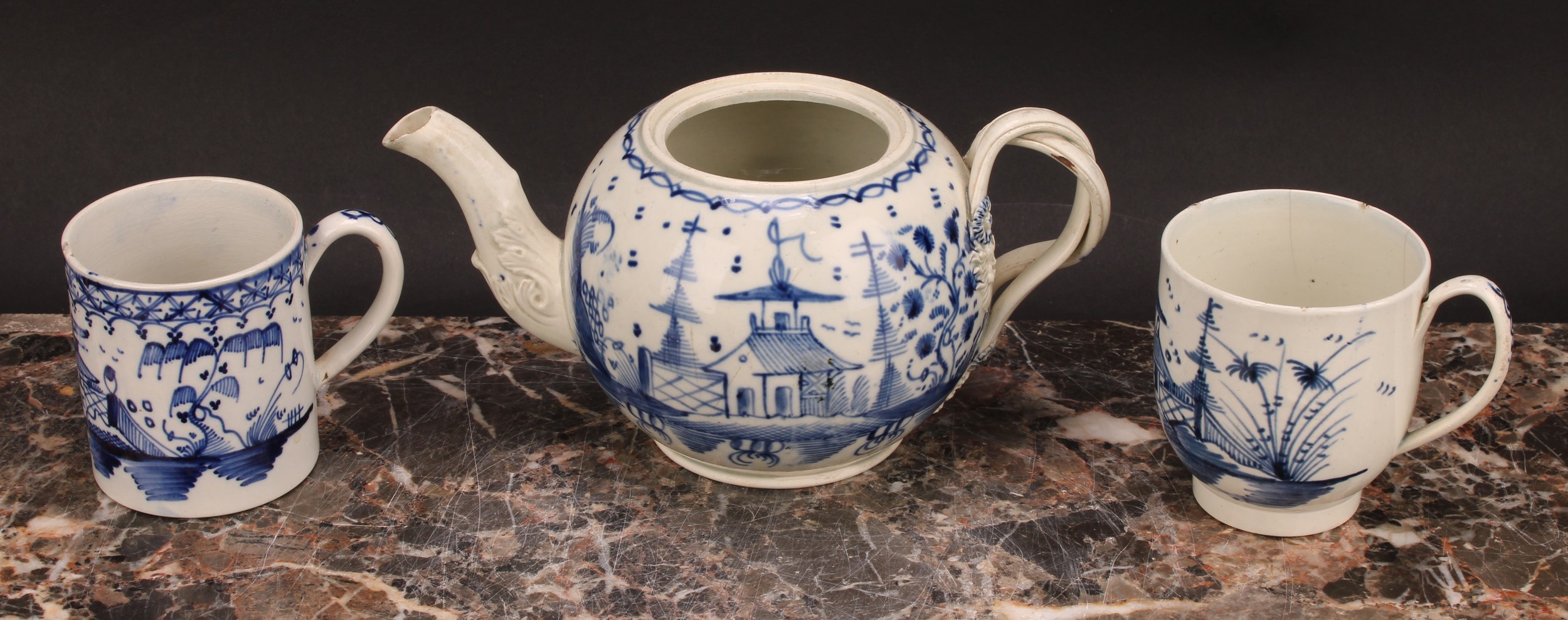 An 18th century Staffordshire pearlware globular teapot, painted in underglaze blue with a - Image 2 of 10