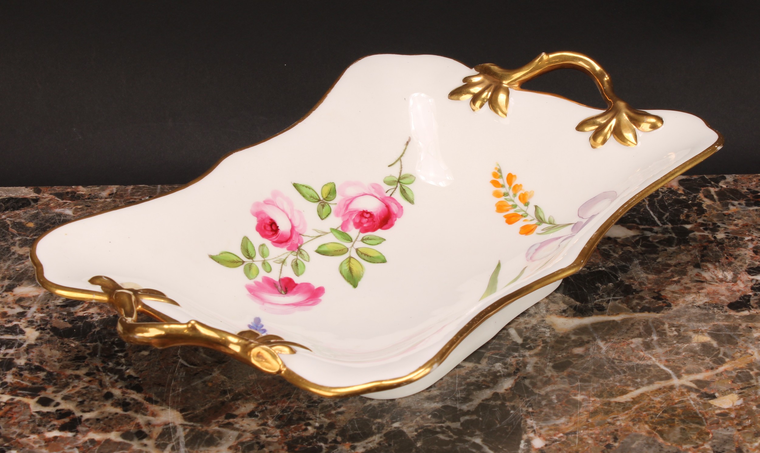 A rare Swansea botanical shaped rectangular two-handled dessert dish, painted by Thomas Pardoe, with - Image 3 of 4