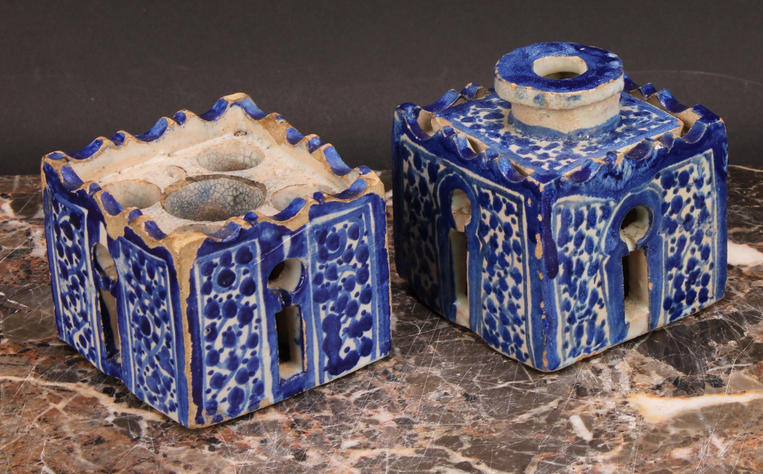 A 19th century Moroccan pottery inkwell and cover, in the form of a quba, painted in blue with - Image 3 of 5