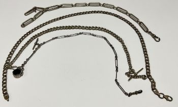 A late 19th century silver trombone link Albert chain, marked, 32cm, 35g; another smaller, finer,