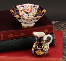 A Derby porcelain miniature octagonal jug and basin, decorated in the Imari palette, the basin 7cm