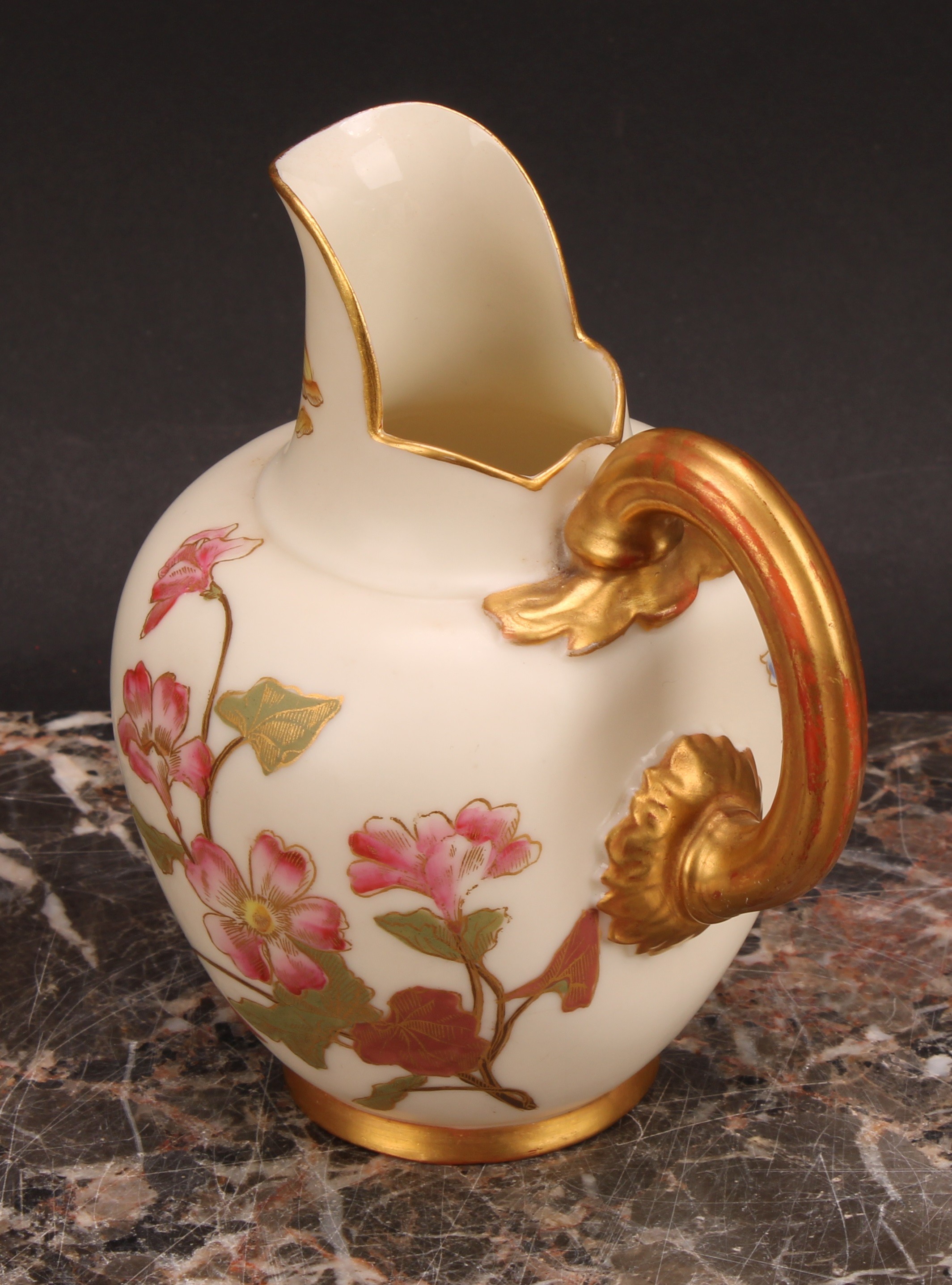 A pair Royal Worcester flat back jugs, decorated in the Aesthetic manner with floral sprays in muted - Image 6 of 12