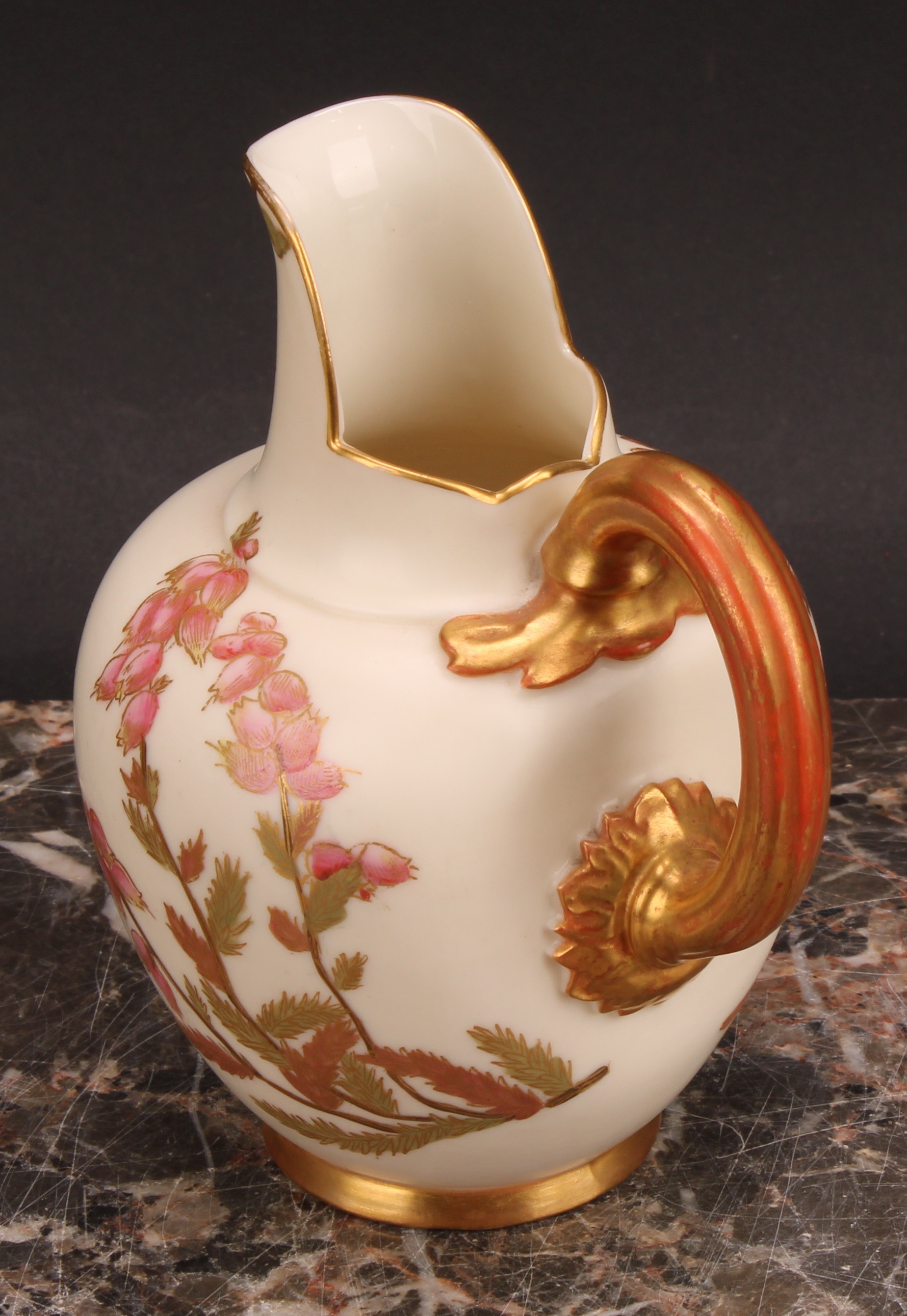 A pair Royal Worcester flat back jugs, decorated in the Aesthetic manner with floral sprays in muted - Image 11 of 12