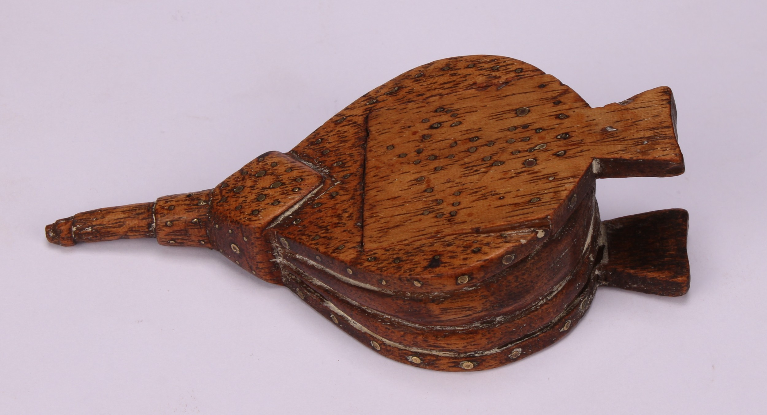 A 19th century novelty treen snuff box, as bellows, decorated with brass pin work, sliding cover, - Image 2 of 4