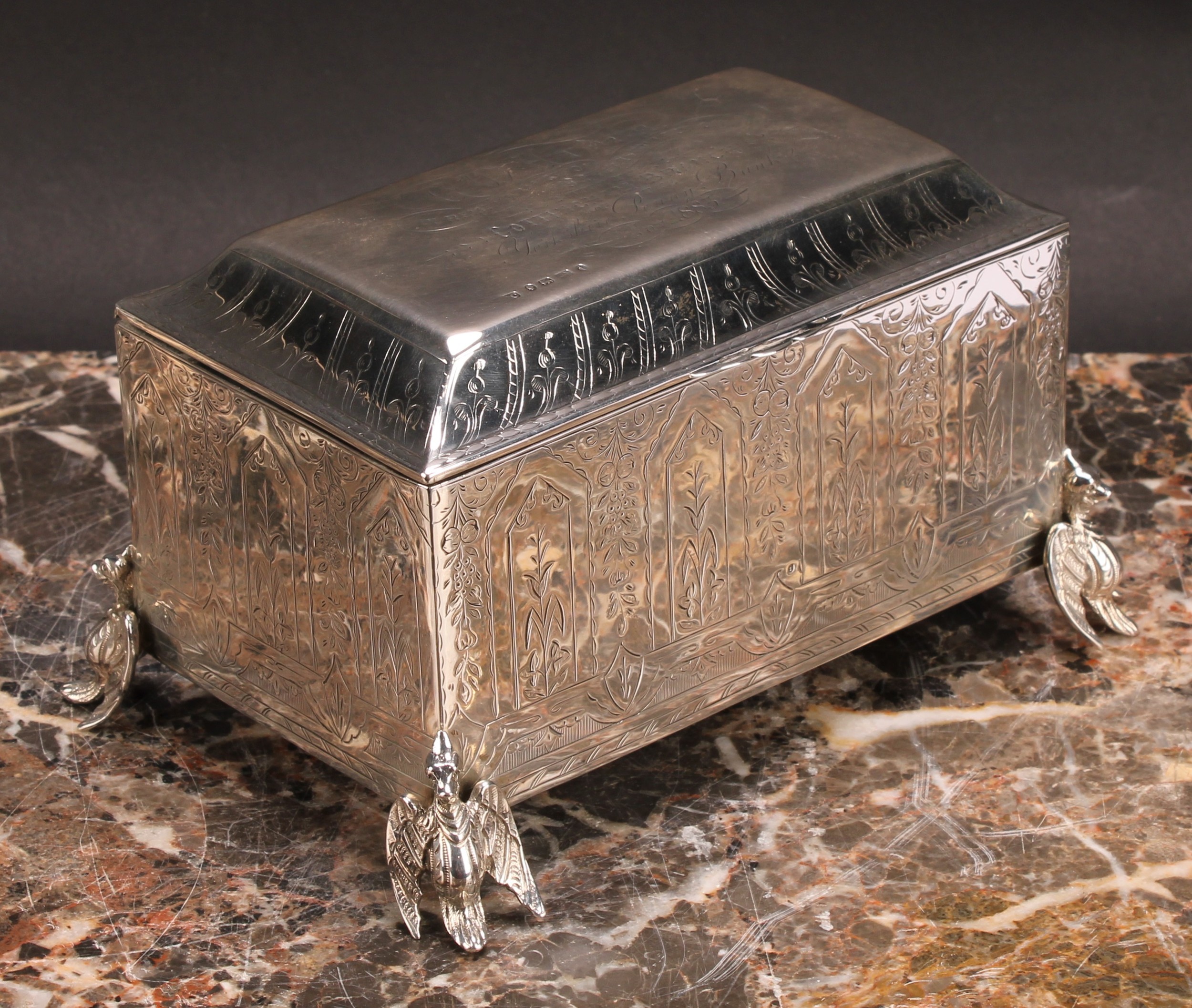 A Victorian silver table casket, bright-cut engraved with pointed arched panels and fruiting leafy - Image 2 of 4