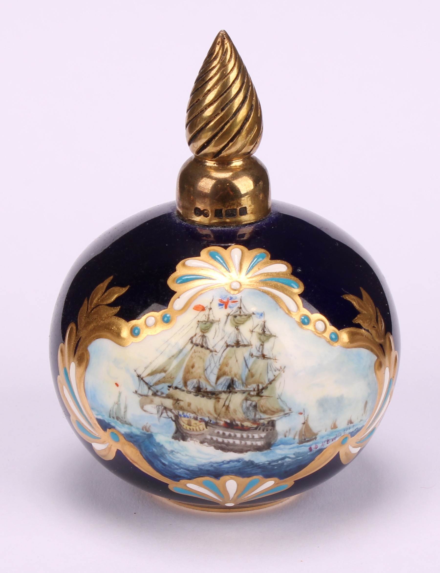 A Lynton porcelain globular scent bottle, painted by Stefan Nowacki, signed, with a sailing ship - Image 3 of 10