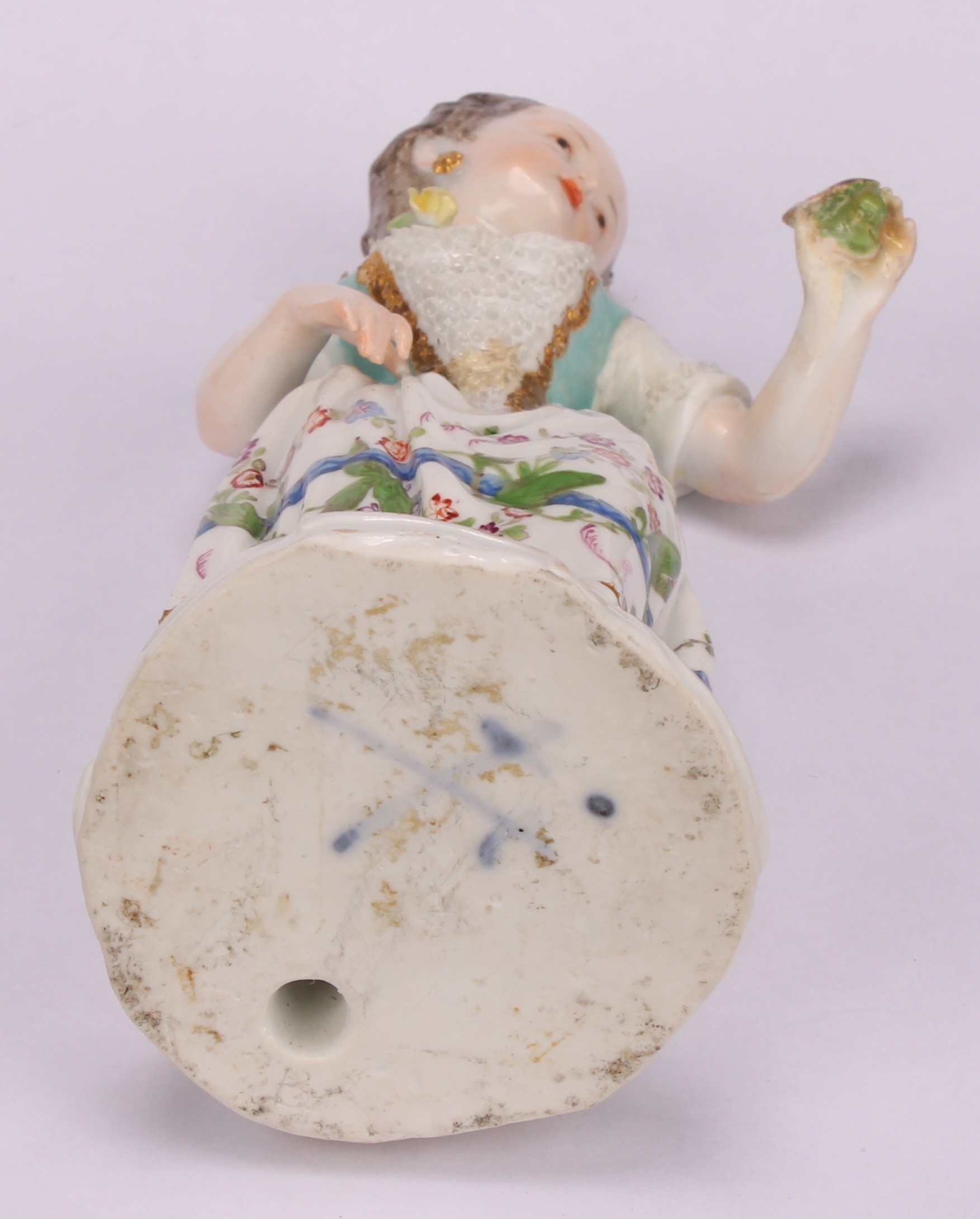 A Meissen porcelain figure, of a girl wearing a floral dress, with posies in hand, scroll base, - Image 5 of 5