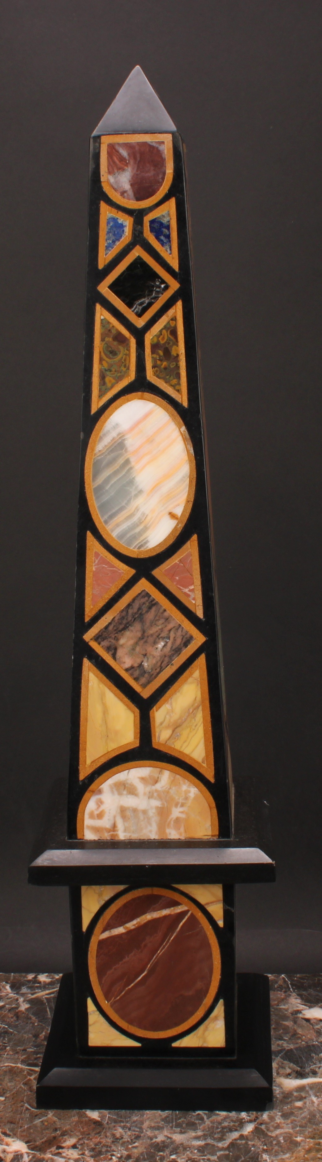 A large pietra dura library obelisk, inlaid with lapis lazuli and other specimen stones, square - Image 2 of 5