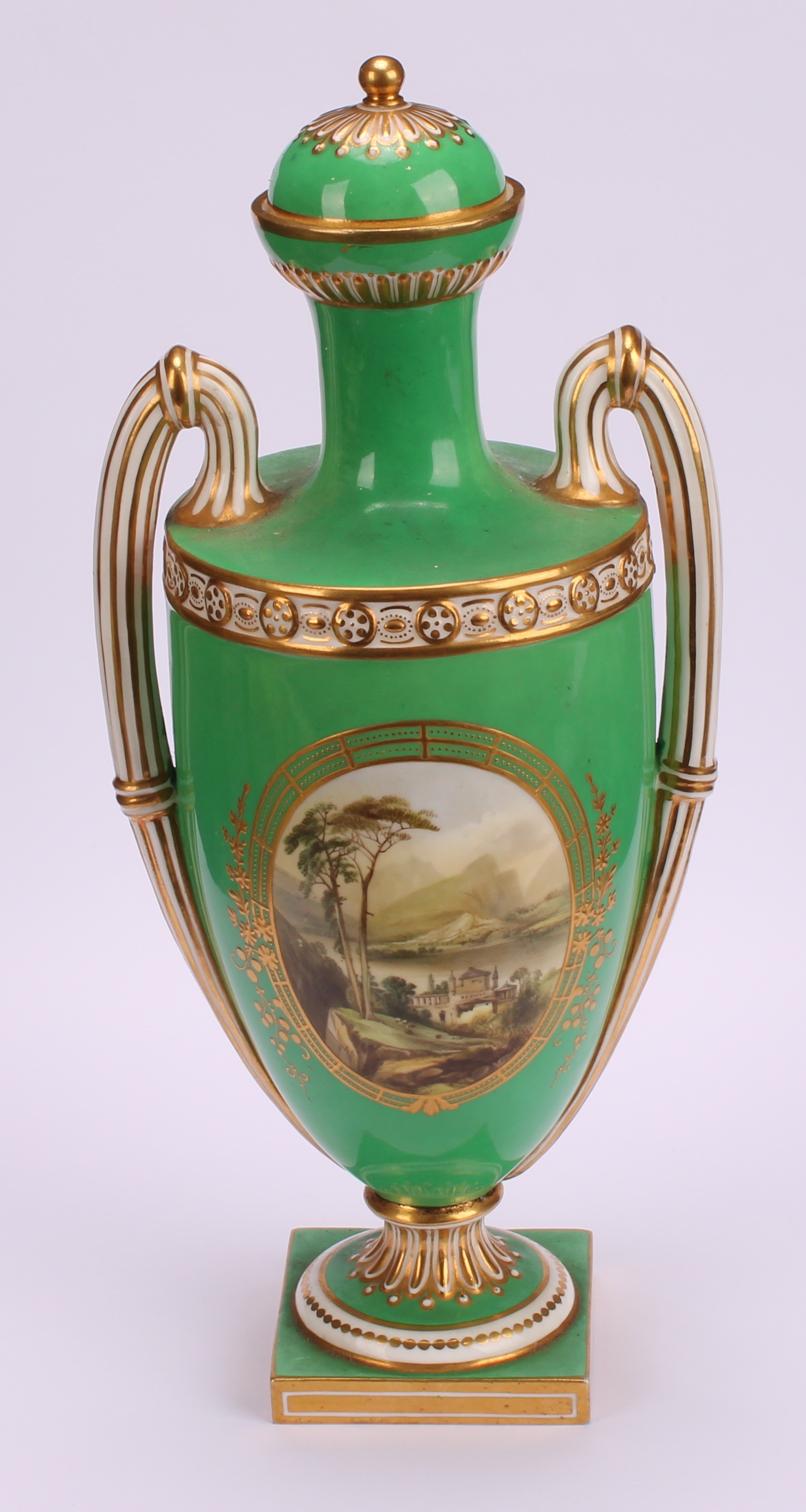 A mid 19th century Coalport two-handled urnular vase and cover, painted by William Cook, with - Image 2 of 6