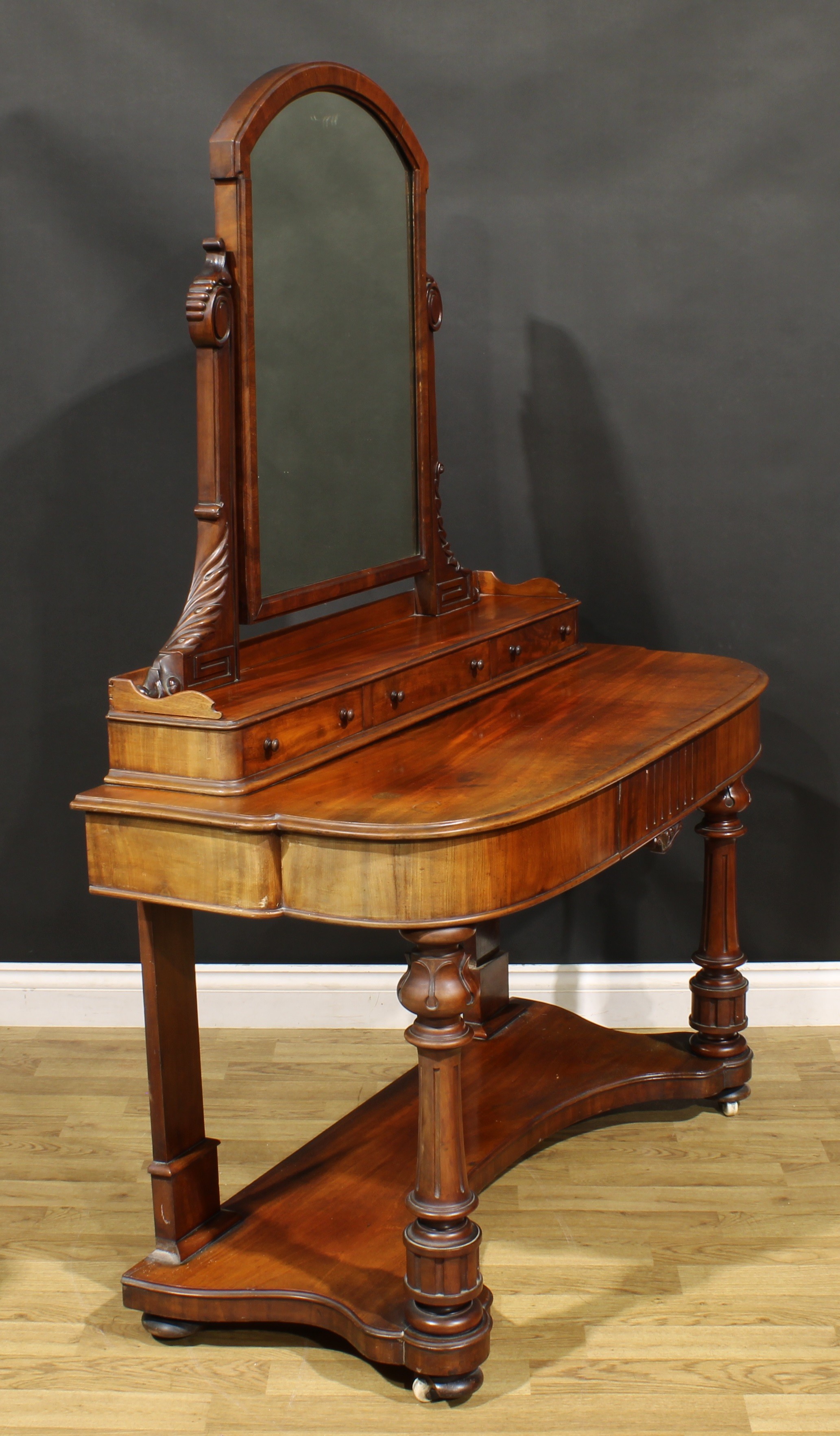 A Victorian mahogany duchess dressing table, arched rectangular mirror above three small drawers, - Image 2 of 3