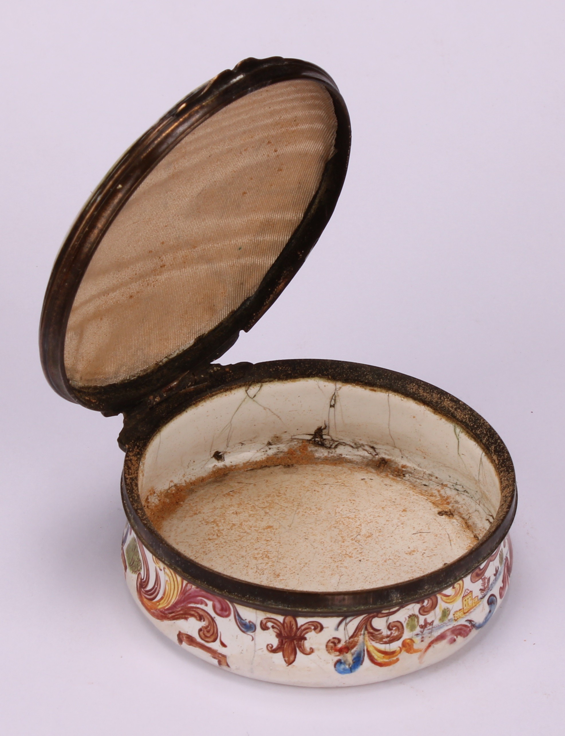 A George III South Staffordshire enamel circular table snuff box, hinged cover painted with - Image 4 of 5