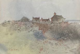 John Blockley (1921-2002) Cottages on the Moor signed, watercolour, 16cm x 23cm
