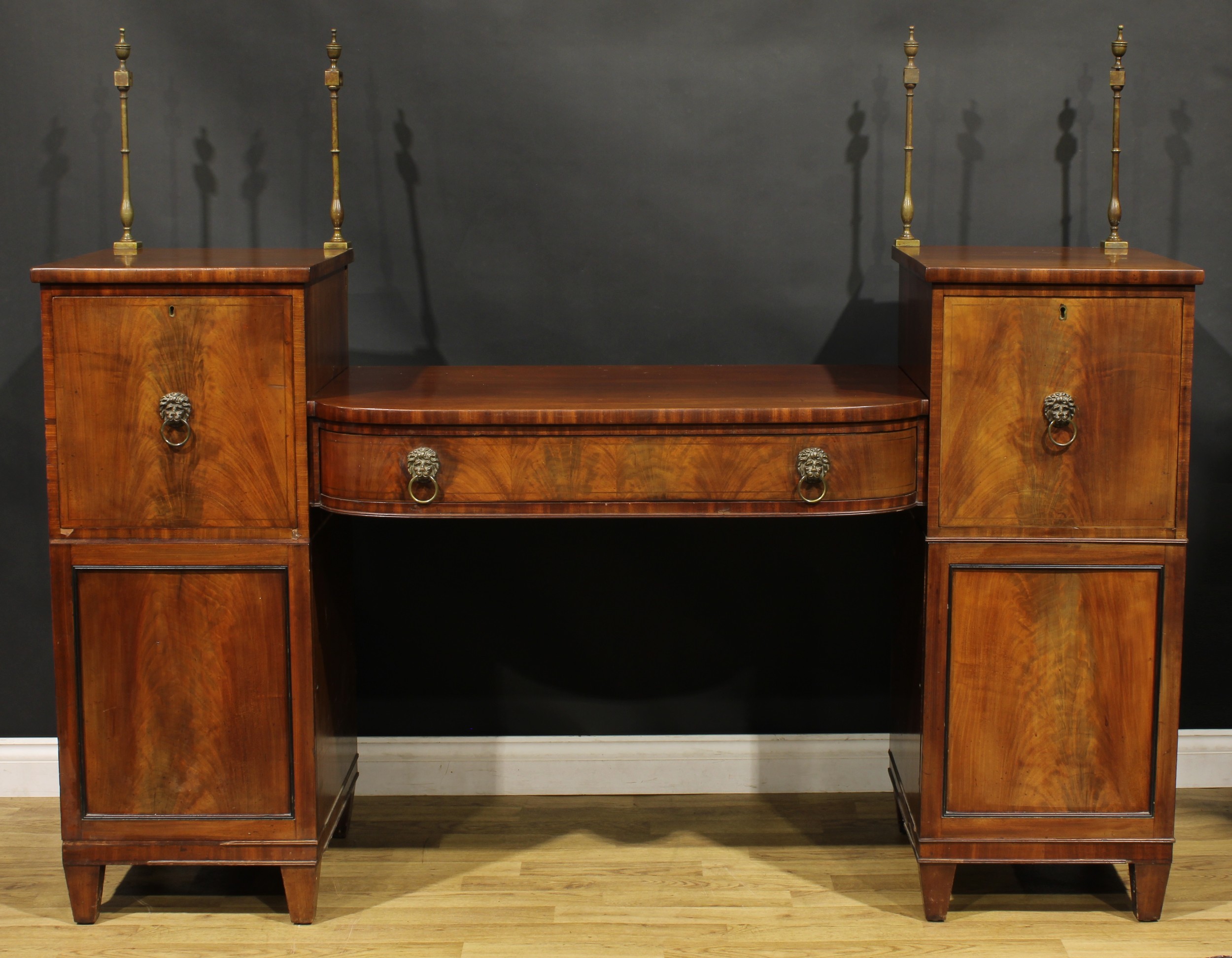 A Regency mahogany twin pedestal sideboard, sunken-centre with a long frieze drawer, flanked by deep - Image 2 of 2