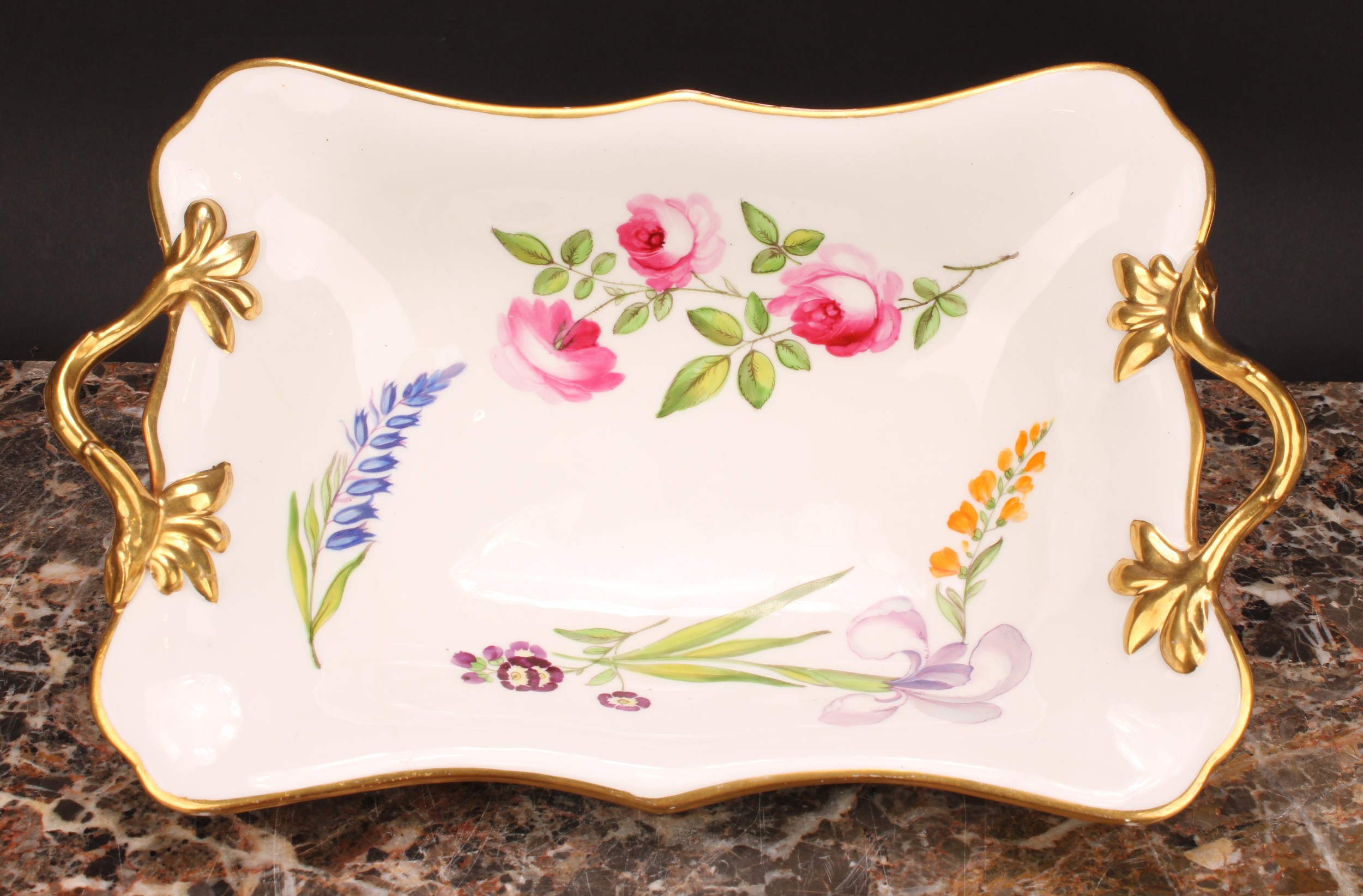 A rare Swansea botanical shaped rectangular two-handled dessert dish, painted by Thomas Pardoe, with - Image 4 of 4