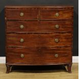 A Post-Regency mahogany bowfront chest, slightly oversailing top with channelled edge above two