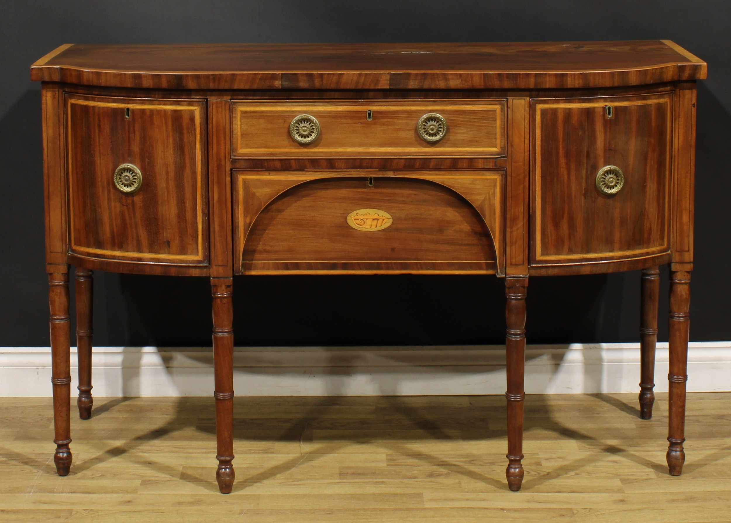 A George III mahogany sideboard or serving table, satinwood crossbanded top above a frieze drawer - Image 2 of 6