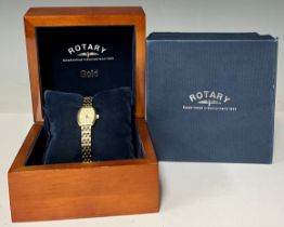 Watches - a ladies’ 9ct gold plated cased Rotary watch, tonneau cream dial, baton indexes, serial