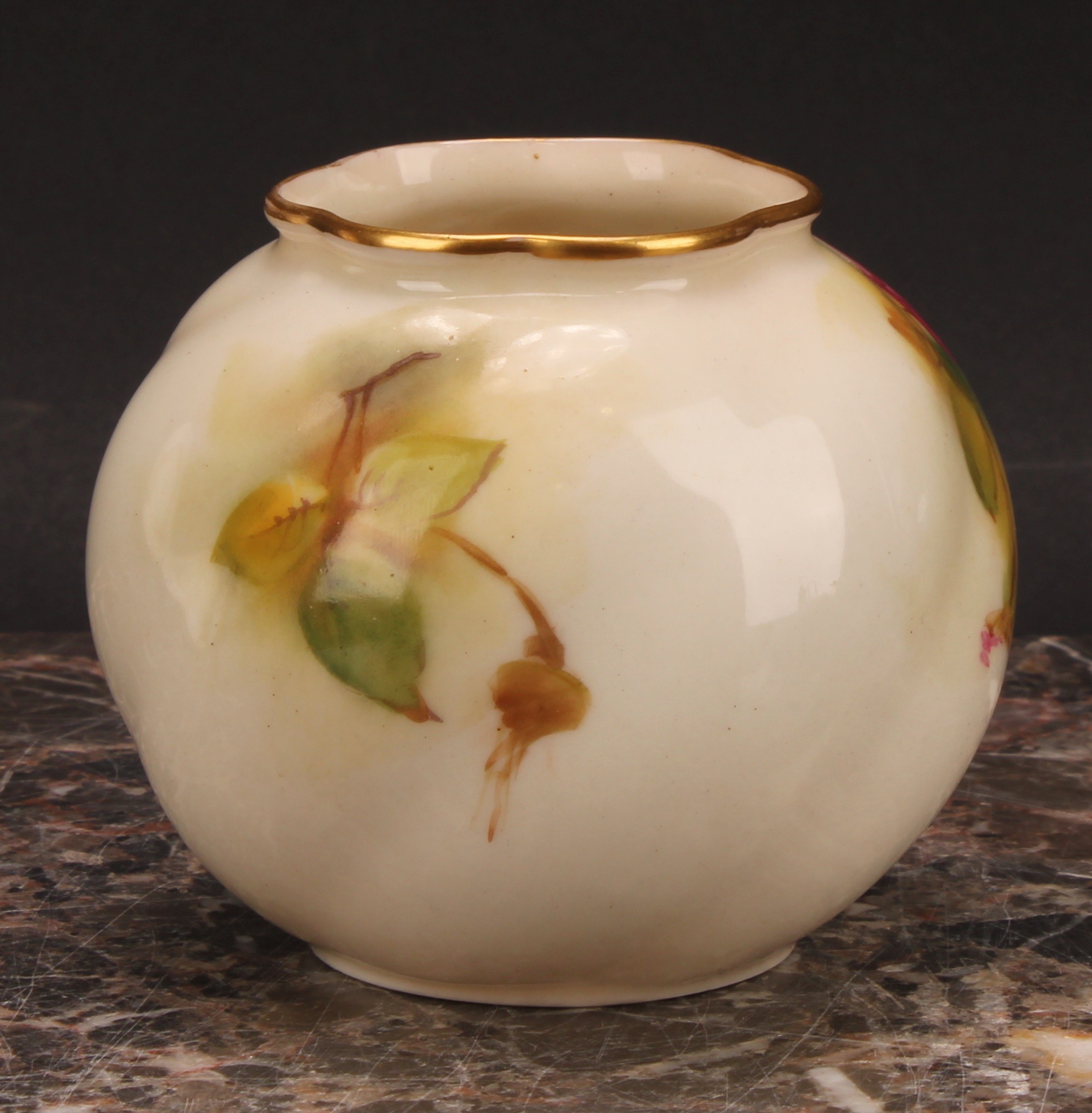 A Royal Worcester globular vase, painted by E. Spilsbury, signed, with Hadley style roses, 7cm high, - Image 5 of 9