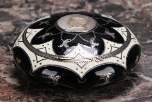 An early 20th century silver coloured metal and enamel table snuff box, possibly Russian, the hinged