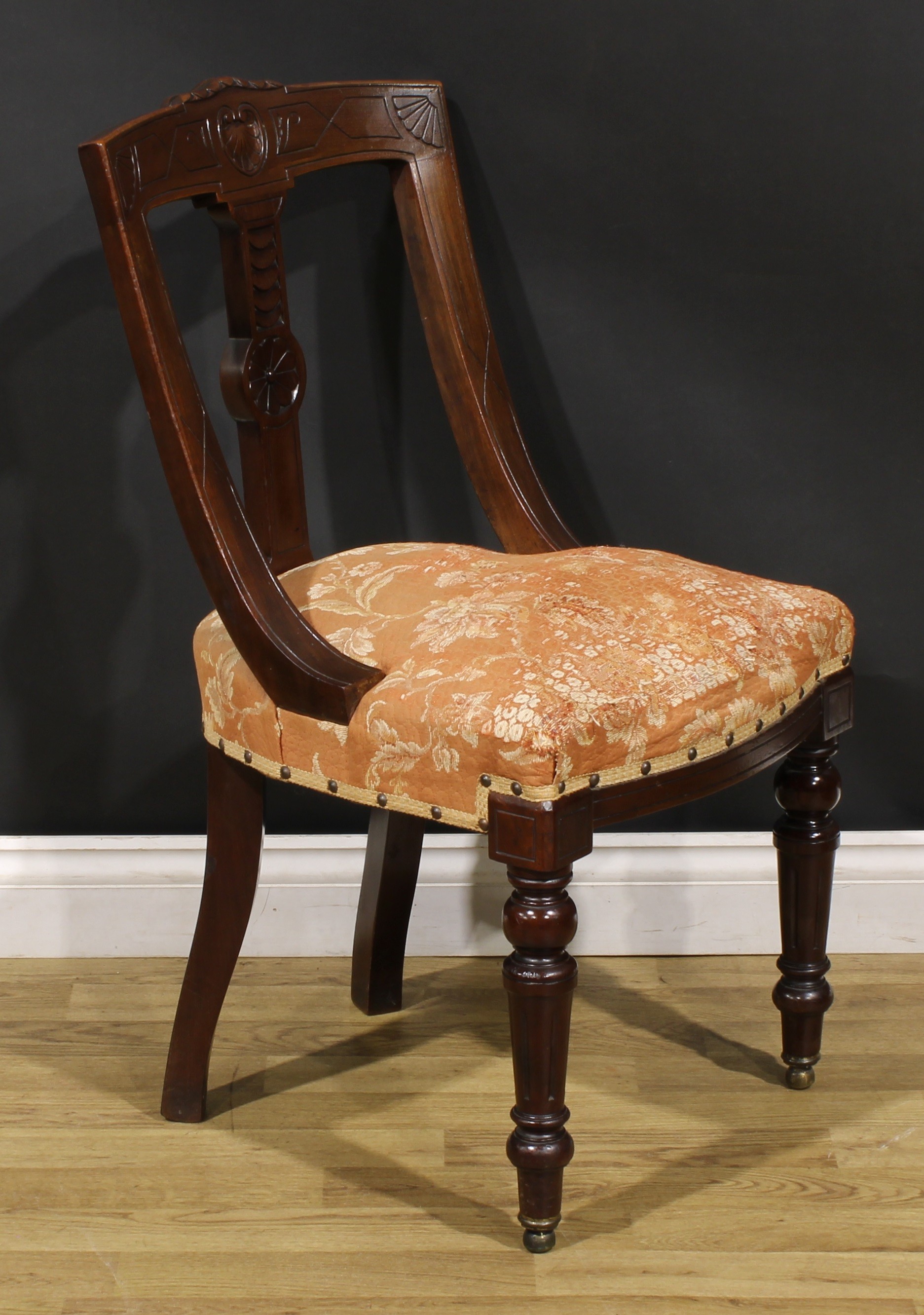 A set of four late Victorian walnut gondola form dining chairs, each curved cresting rail carved - Image 3 of 5