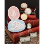 A collection of jasperware cameo plaques, various Grand Tour and historical subjects, the largest