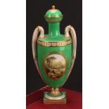 A mid 19th century Coalport two-handled urnular vase and cover, painted by William Cook, with