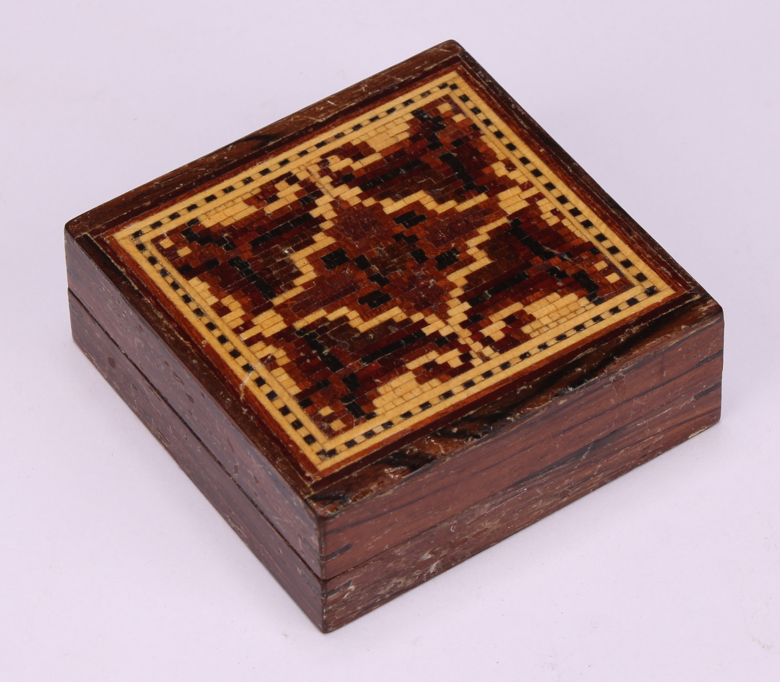 A Tunbridge ware puzzle box, containing seven-piece Chinese Puzzle and instructions, 5cm square, - Image 3 of 4
