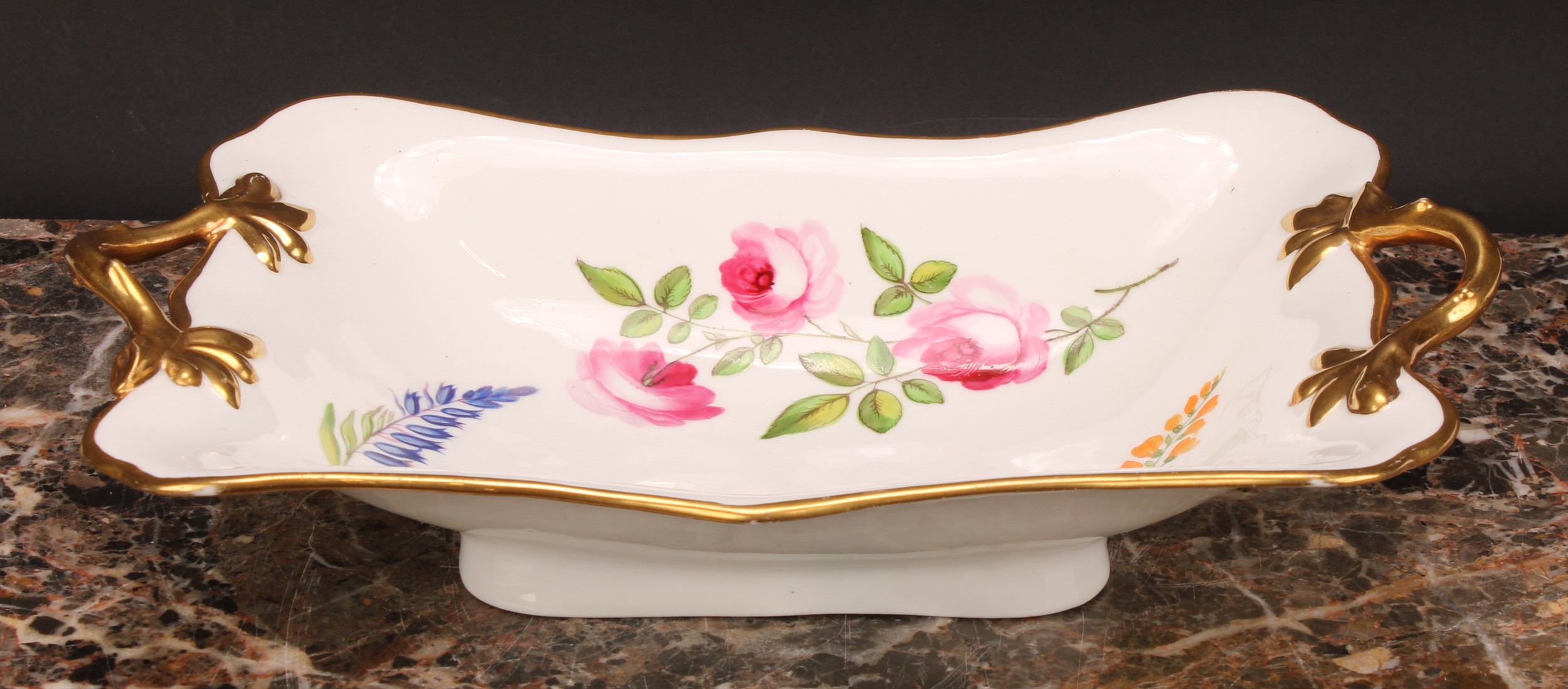 A rare Swansea botanical shaped rectangular two-handled dessert dish, painted by Thomas Pardoe, with - Image 2 of 4