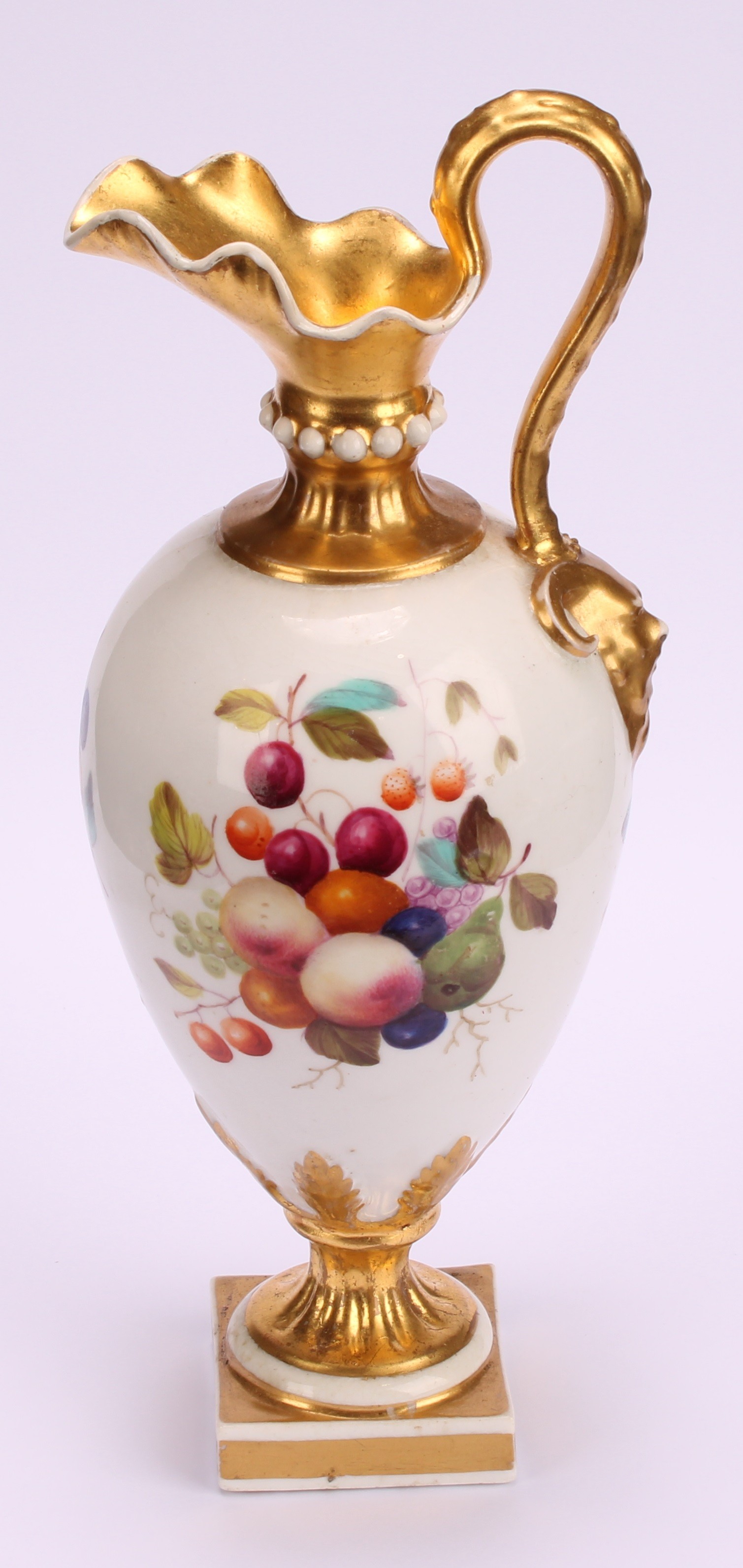 A Bloor Derby pedestal ewer, painted by Thomas Steele, with ripening fruit, gilt neck, handle and - Image 2 of 6