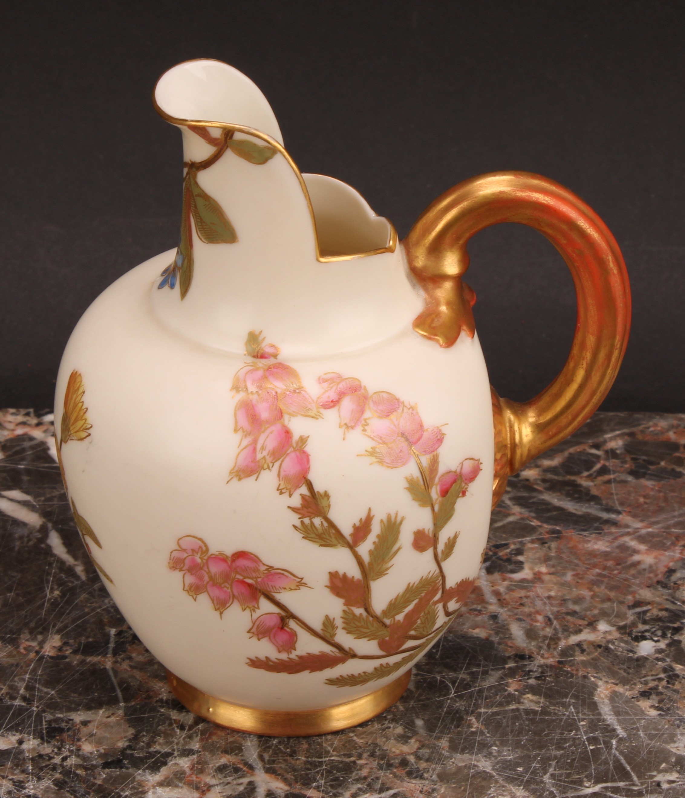 A pair Royal Worcester flat back jugs, decorated in the Aesthetic manner with floral sprays in muted - Image 10 of 12