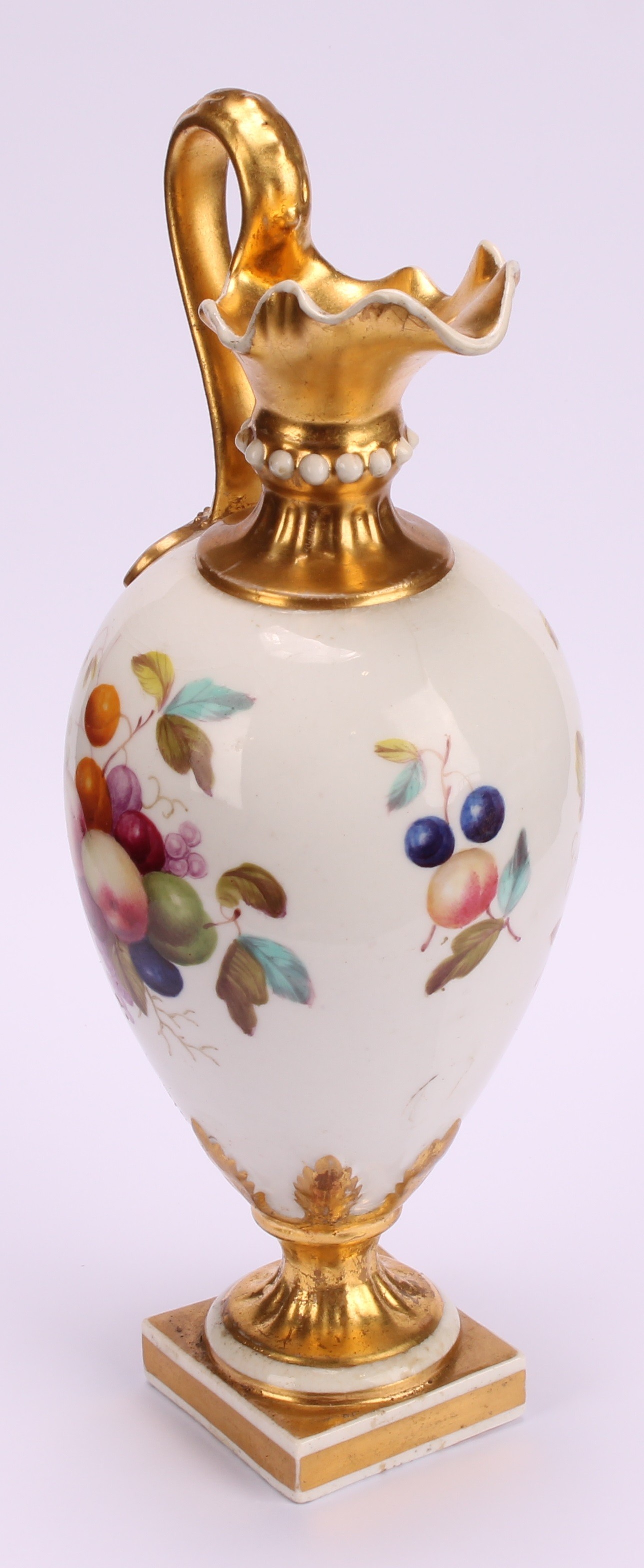 A Bloor Derby pedestal ewer, painted by Thomas Steele, with ripening fruit, gilt neck, handle and - Image 3 of 6
