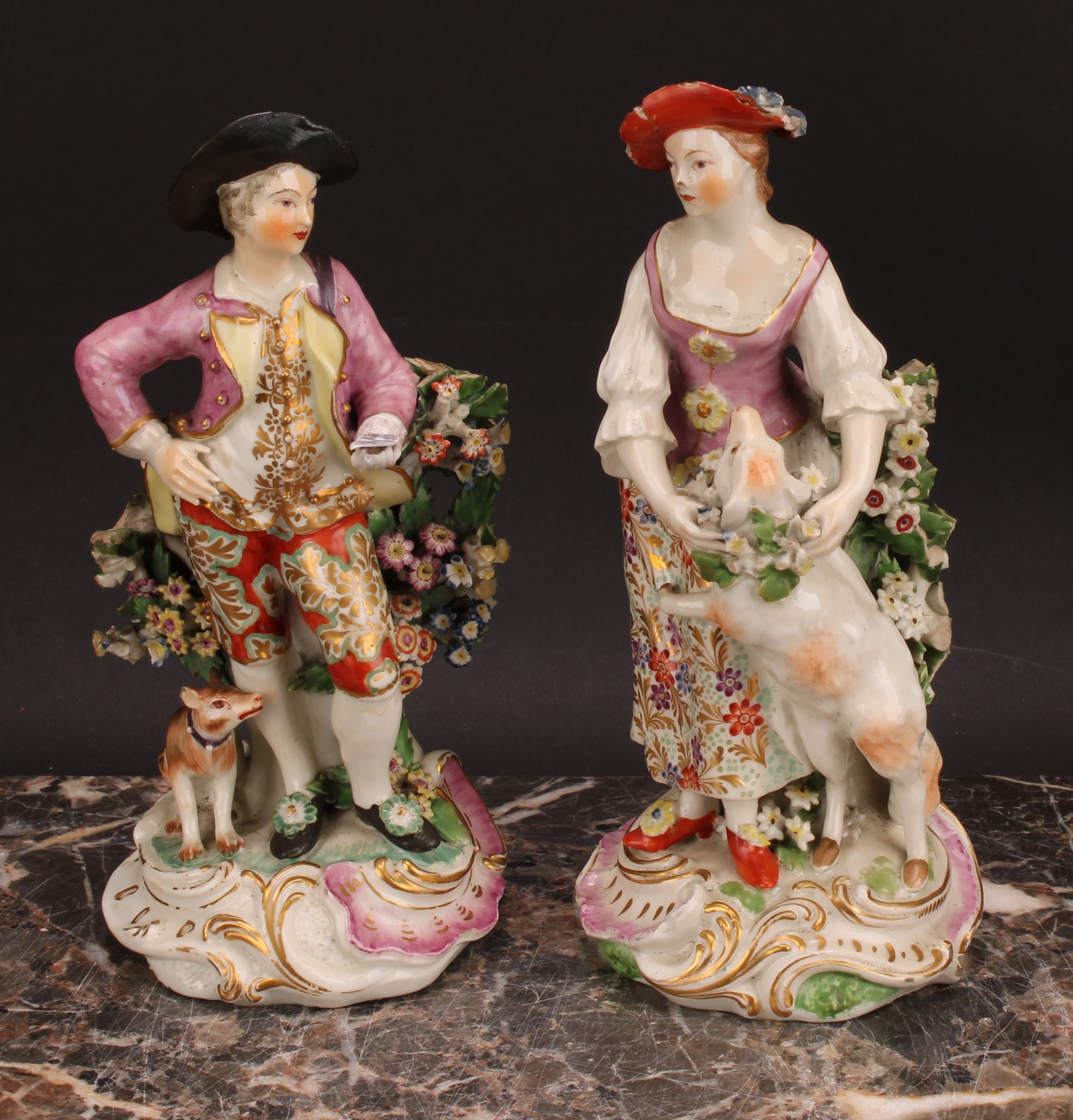 A pair of Derby figures, The Garland Shepherds, he wearing a broad brimmed black hat, pink jacket, - Image 2 of 10