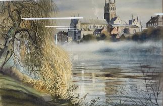 Wilfred Ball (British 1917-2000), Cathedral from the River, signed, watercolour, 30.5cm x 44.5cm