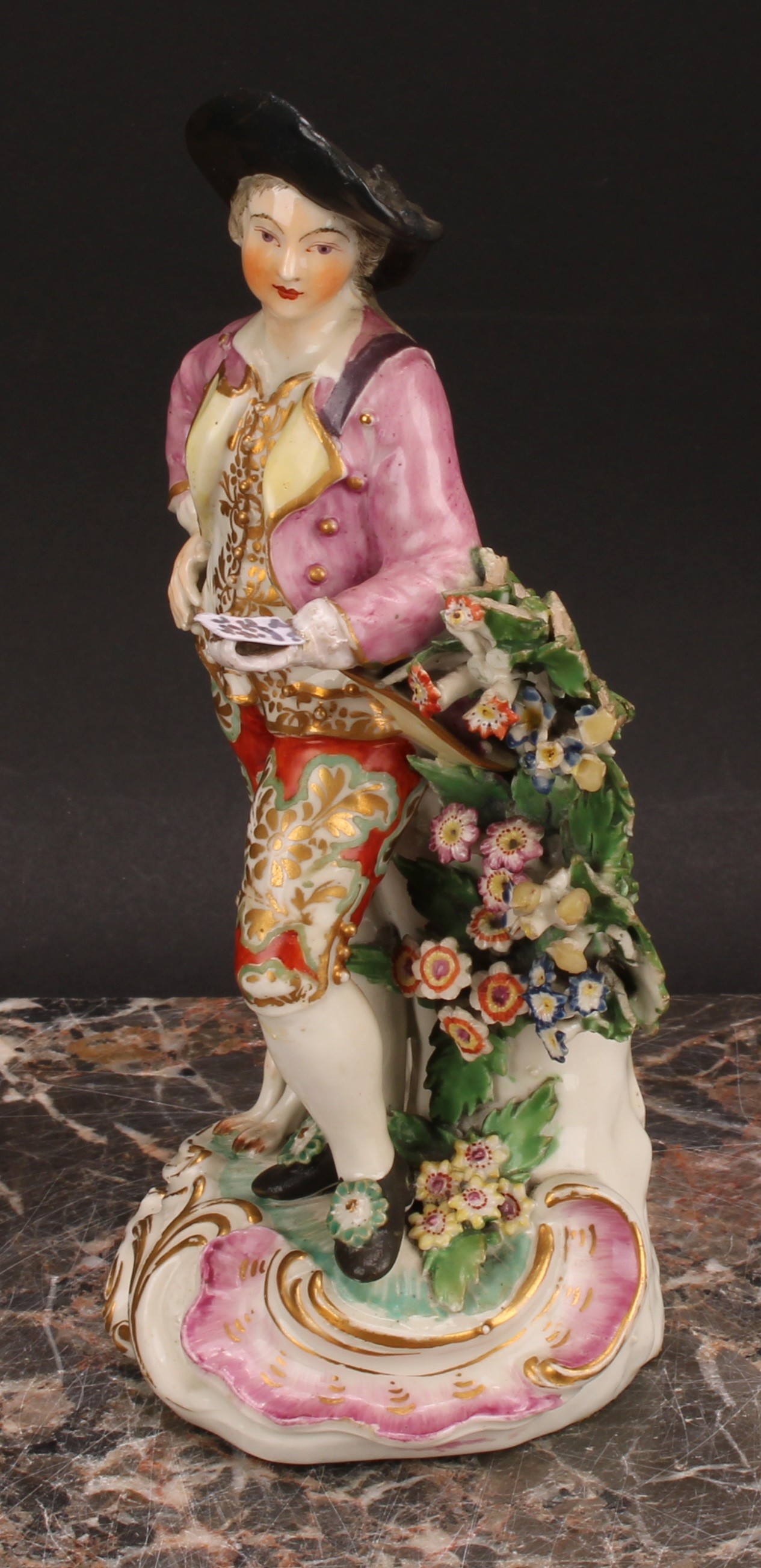 A pair of Derby figures, The Garland Shepherds, he wearing a broad brimmed black hat, pink jacket, - Image 4 of 10