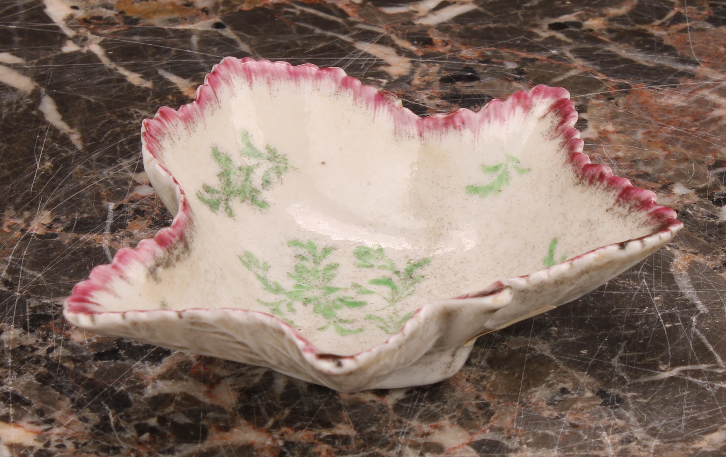 A rare early Plymouth leaf shaped pickle dish, painted in polychrome with scattered green leaves - Image 2 of 4