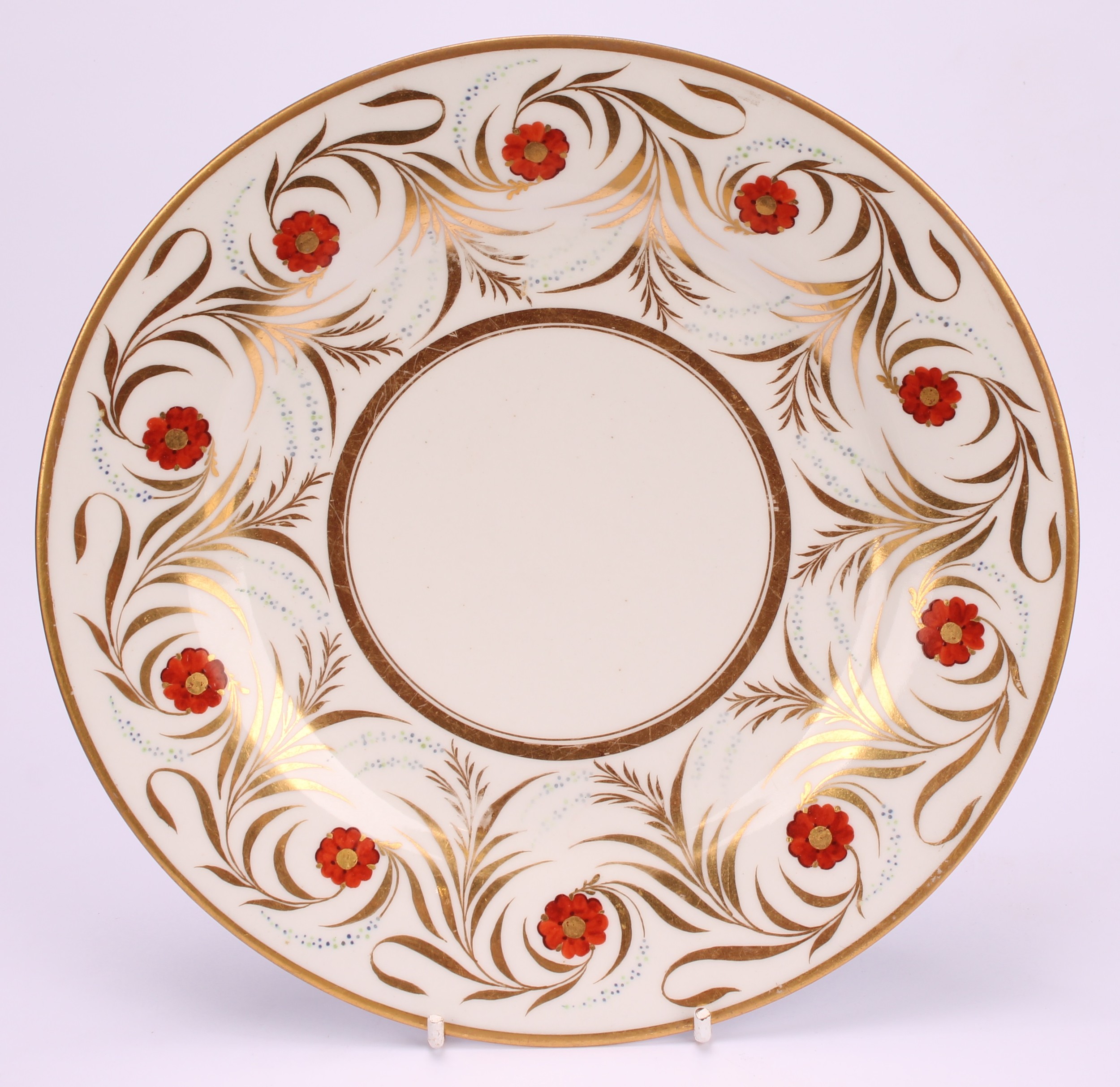 A pair of Worcester Barr Flight and Barr circular plates, painted with red flowers between scrolling - Image 6 of 7