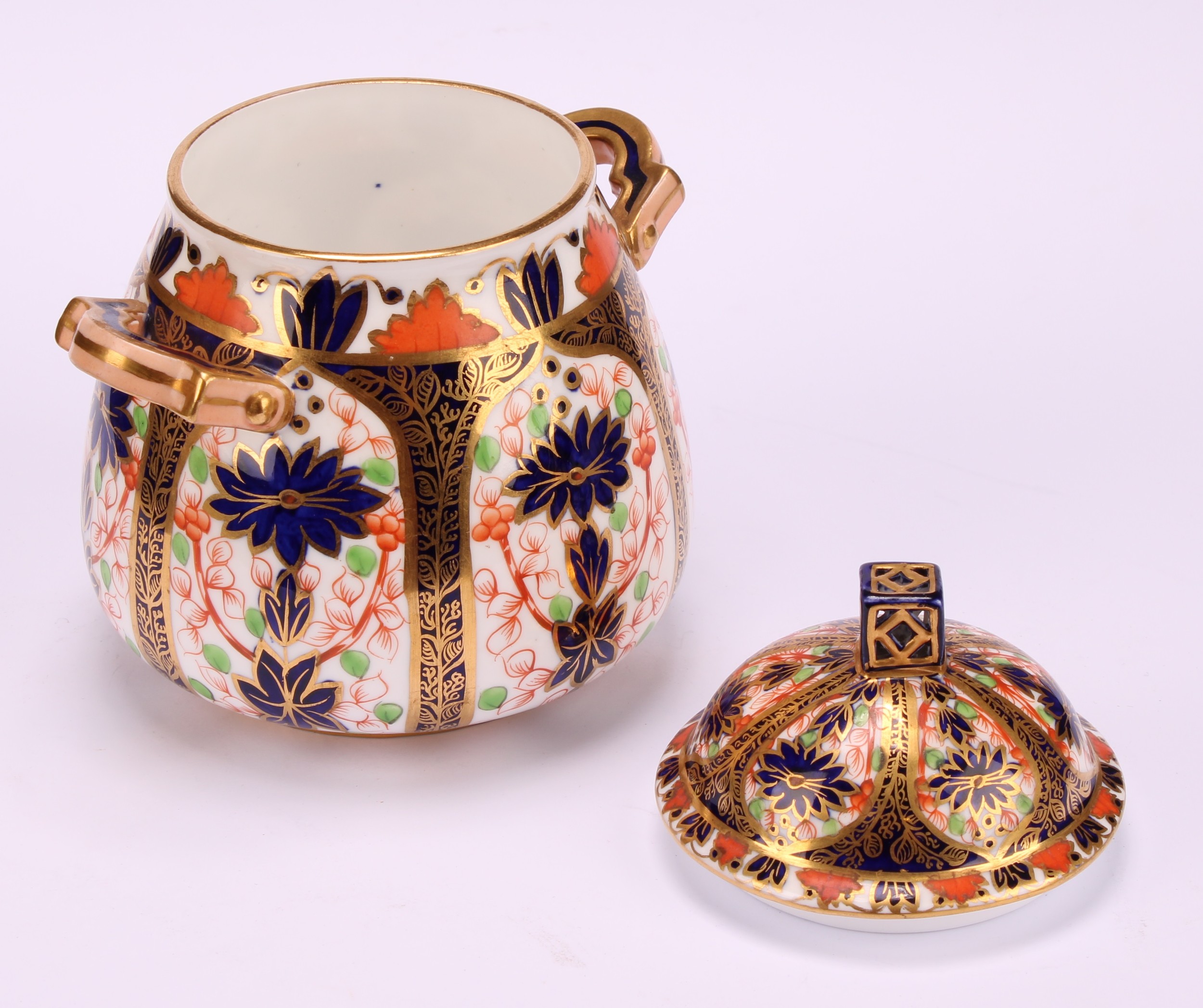 A Derby Crown Porcelain Company Imari palette 1128 pattern milk jug and two handled sucrier and - Image 8 of 9