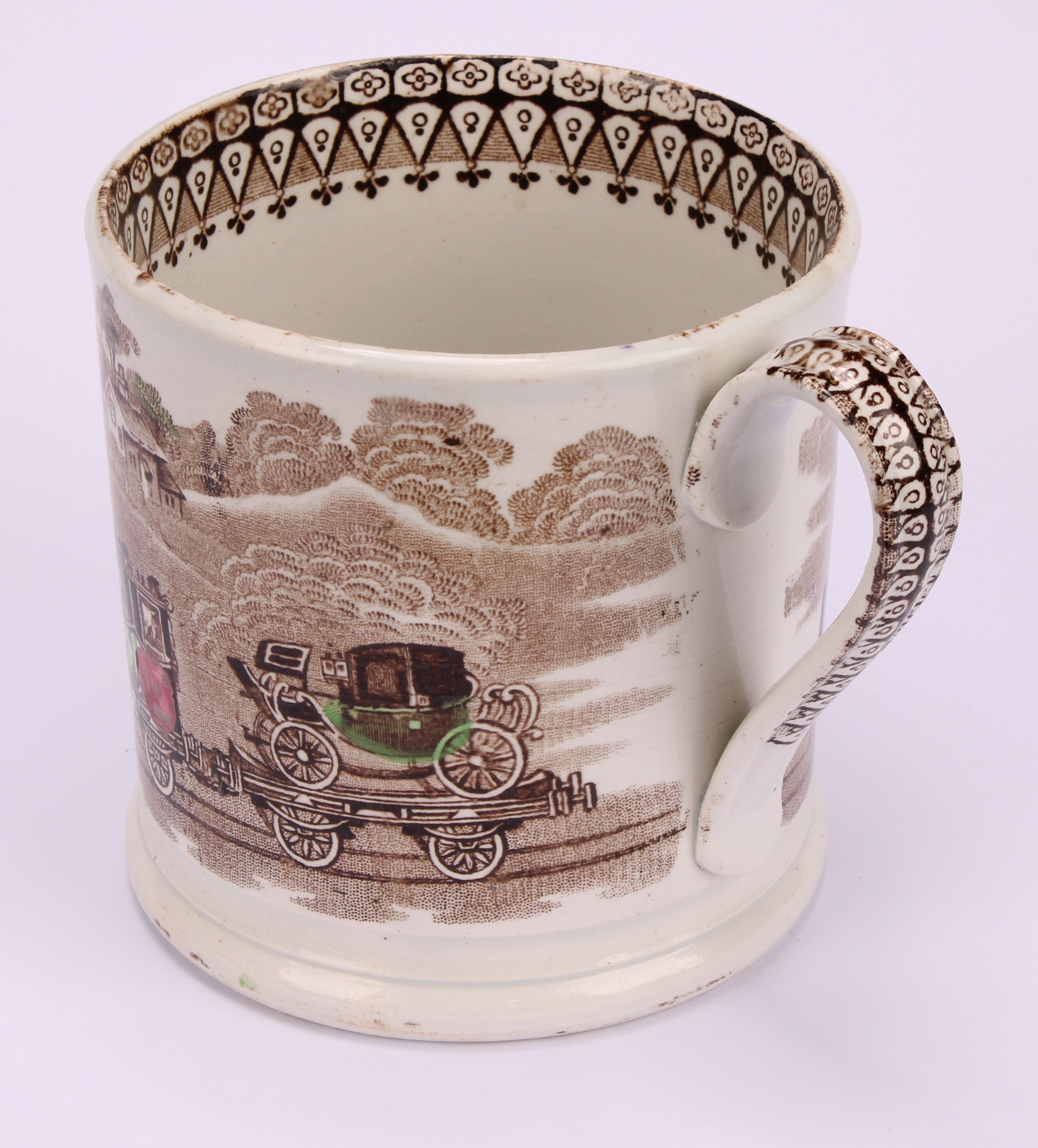 Railway Interest - steam locomotives, a 19th century Staffordshire pearlware mug, printed in sepia - Bild 4 aus 8