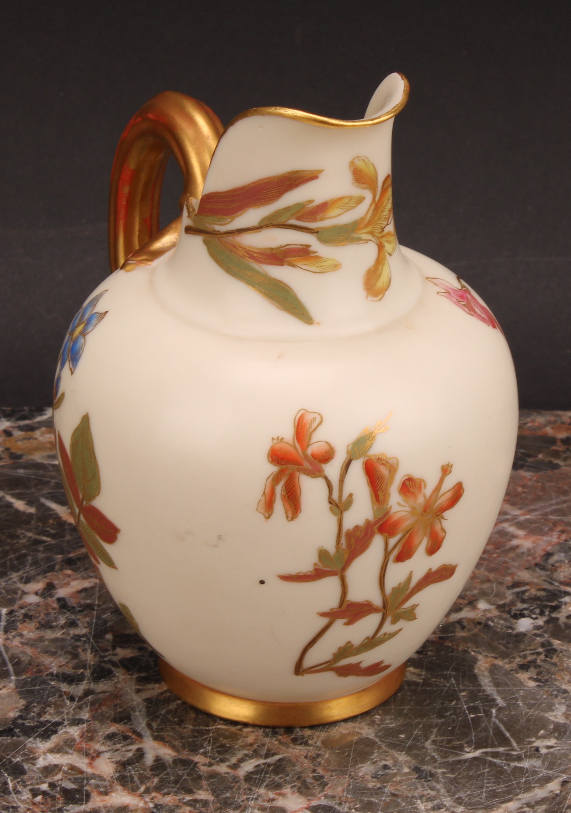 A pair Royal Worcester flat back jugs, decorated in the Aesthetic manner with floral sprays in muted - Image 4 of 12