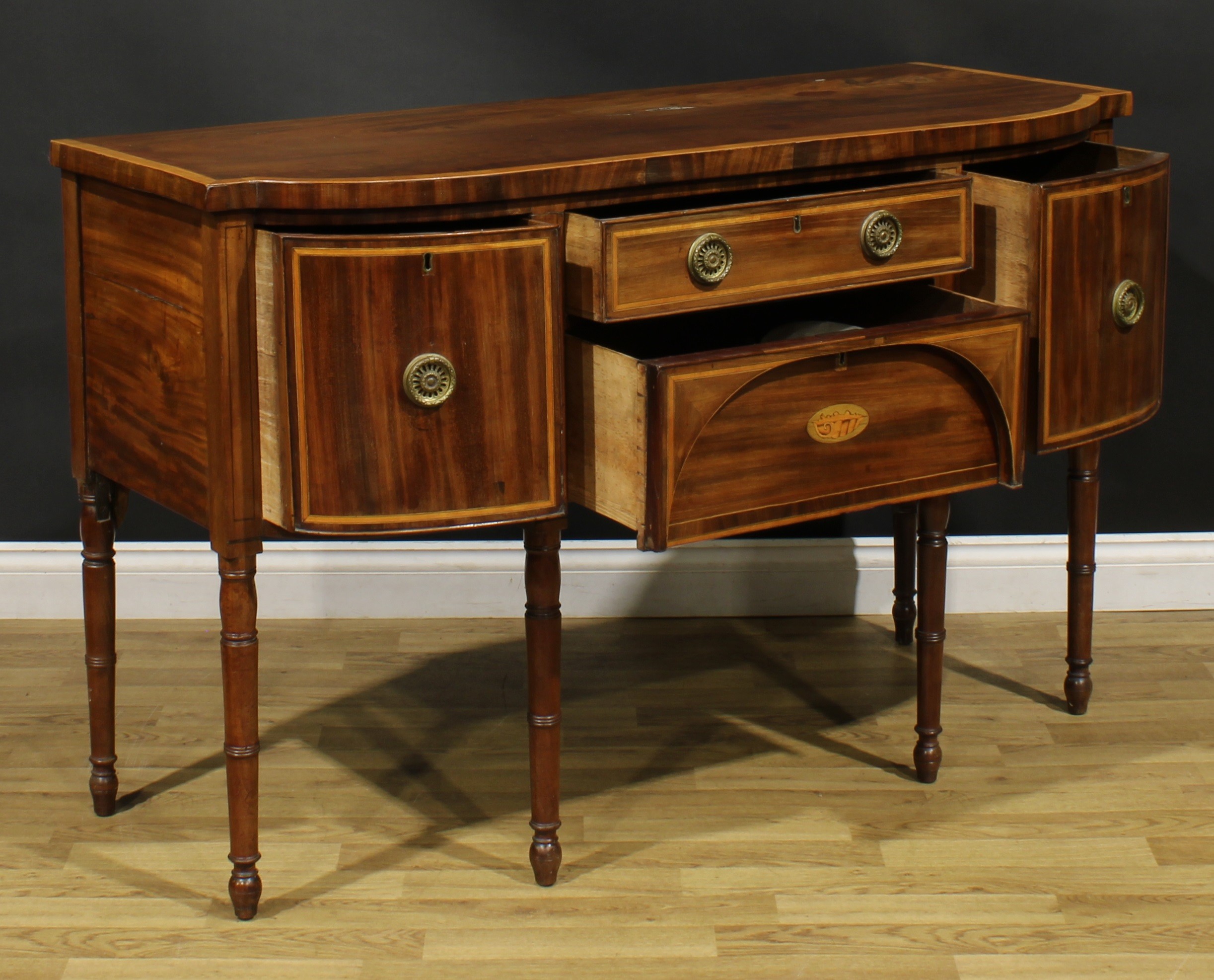 A George III mahogany sideboard or serving table, satinwood crossbanded top above a frieze drawer - Image 4 of 6