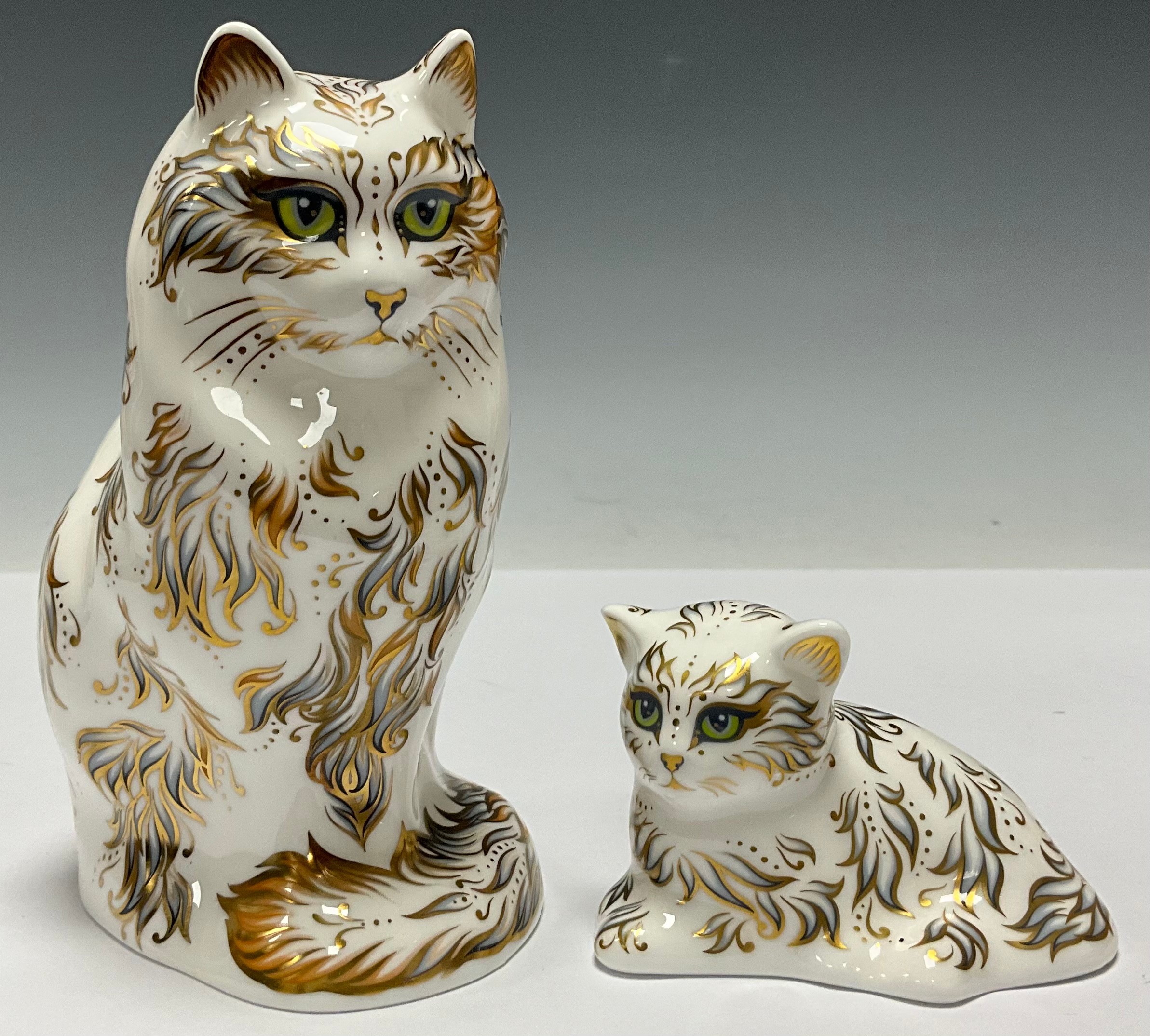 A pair of Royal Crown Derby cat paperweights, Fifi Cat and Millie Kitten, gold stoppers, red printed
