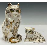A pair of Royal Crown Derby cat paperweights, Fifi Cat and Millie Kitten, gold stoppers, red printed
