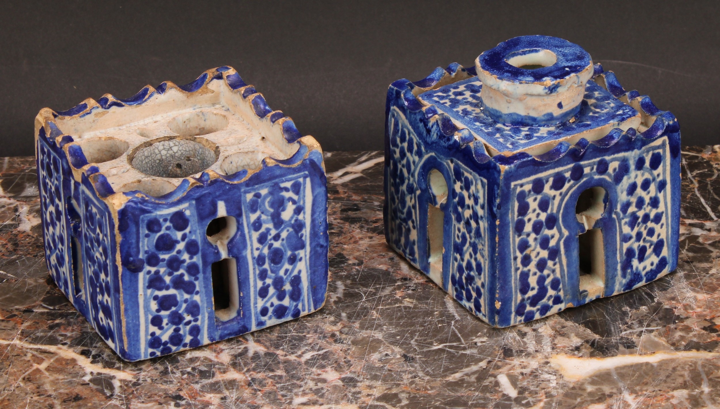 A 19th century Moroccan pottery inkwell and cover, in the form of a quba, painted in blue with - Image 5 of 5