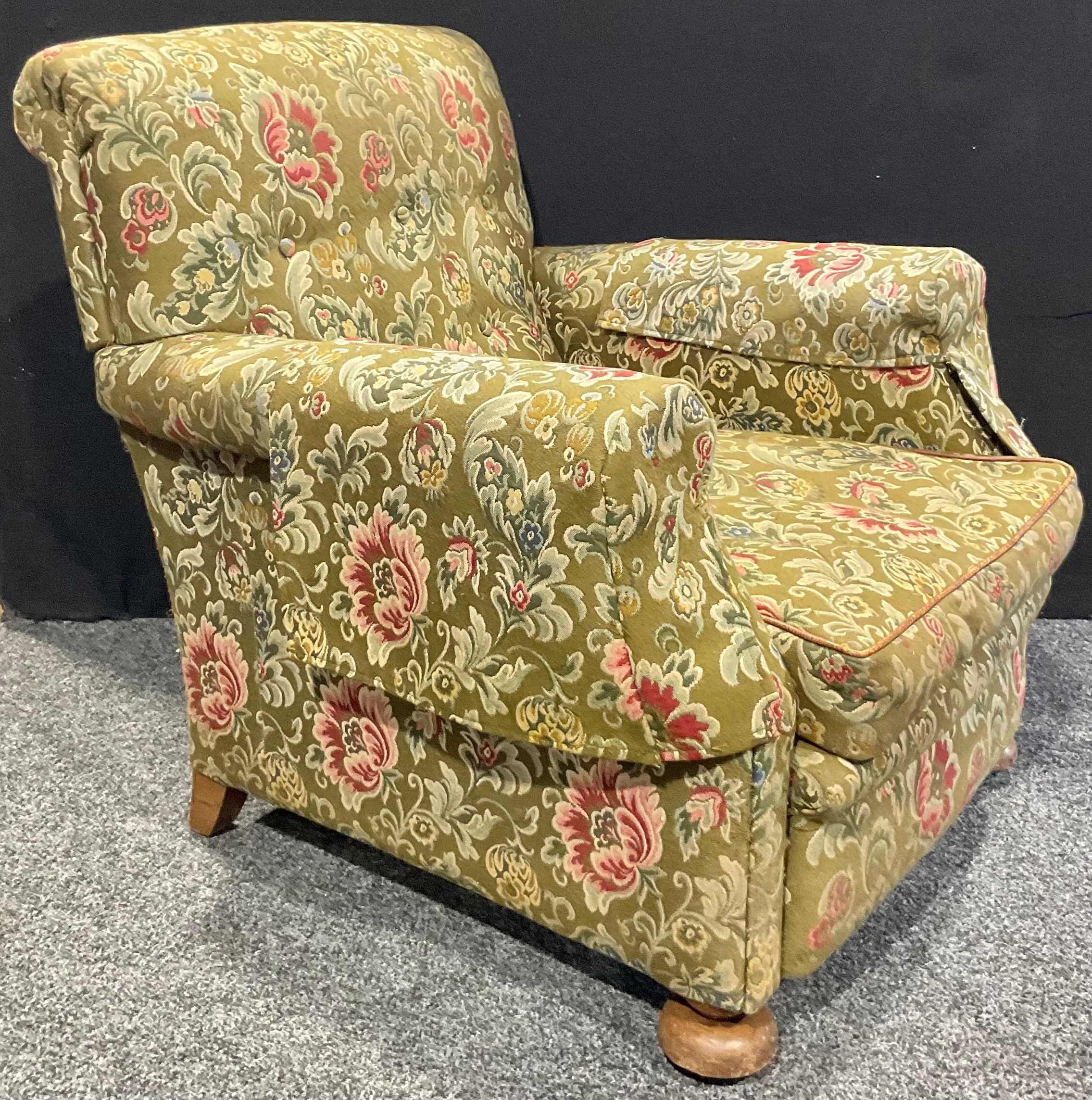 An early 20th century country house easy chair, stuffed-over upholstery, squab cushion, turned - Image 2 of 2