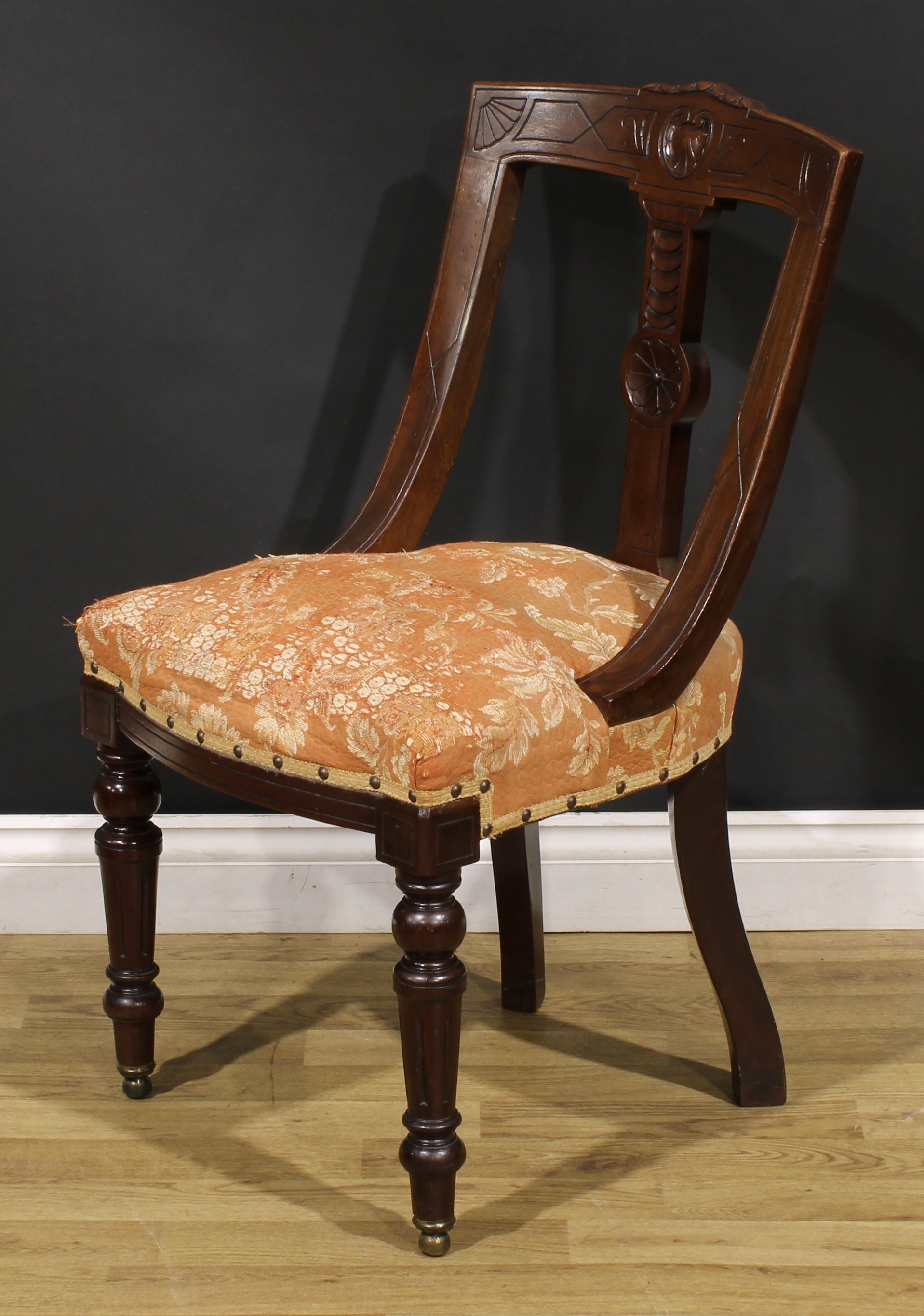 A set of four late Victorian walnut gondola form dining chairs, each curved cresting rail carved - Image 4 of 5